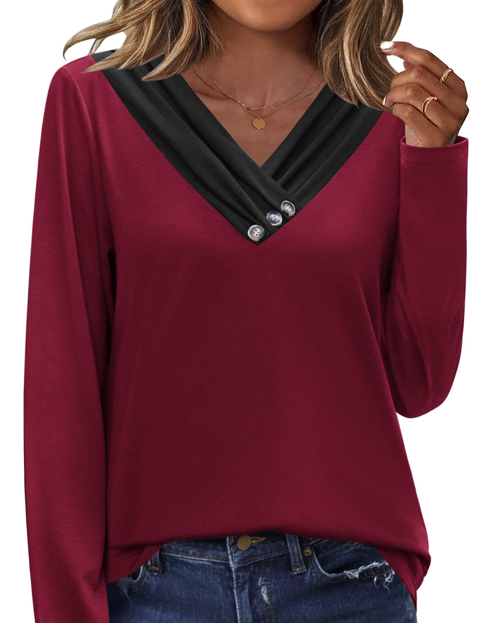 HOTOUCH Womens Fall Tunics Long Sleeve Tops Cross V Neck Shirts Loose Casual Blouses with Decor Button