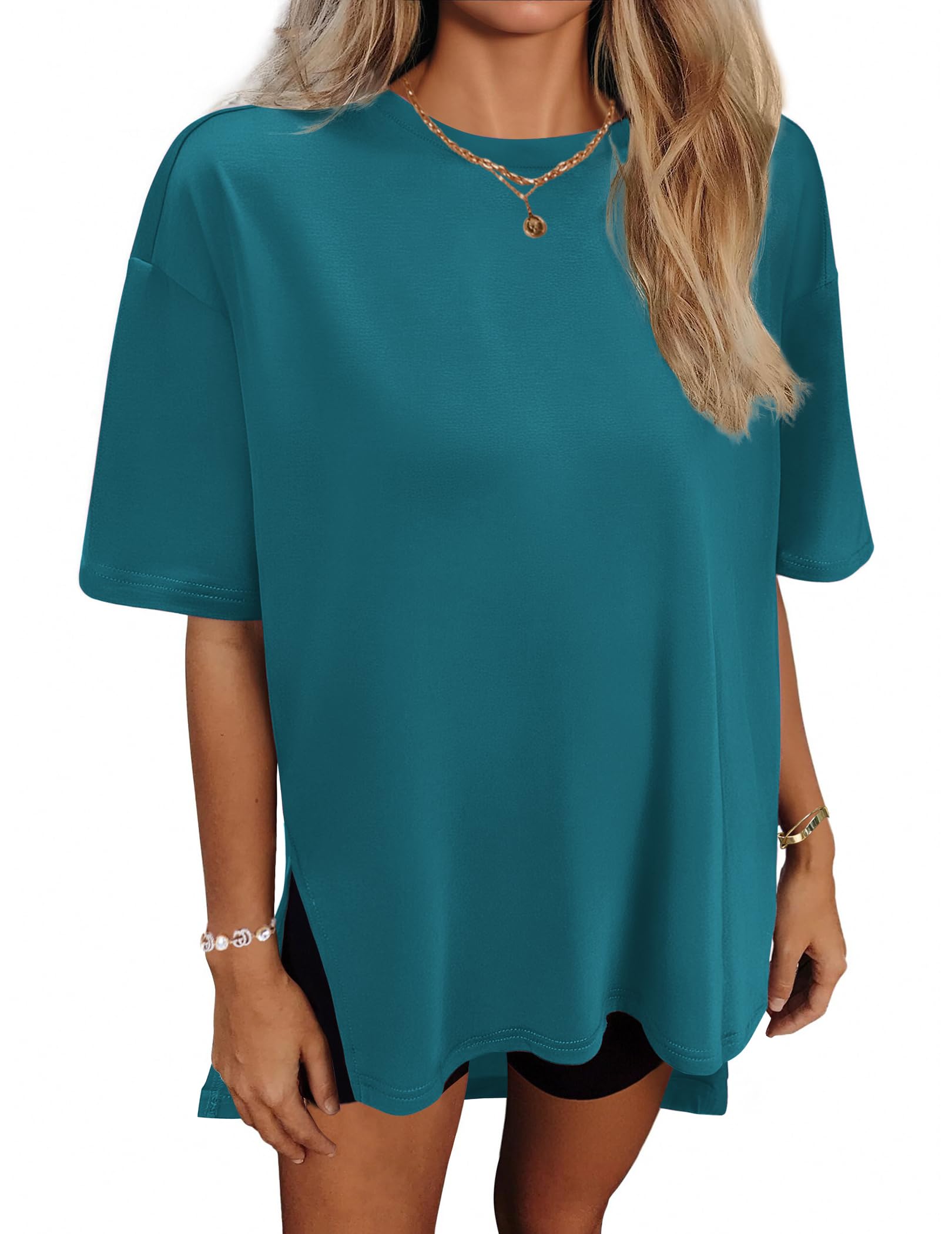 HOTOUCH Womens Oversized T Shirts Crewneck Short Sleeve Workout Blouse Tops Summer Casual Dropped Shoulder Tunic Tee