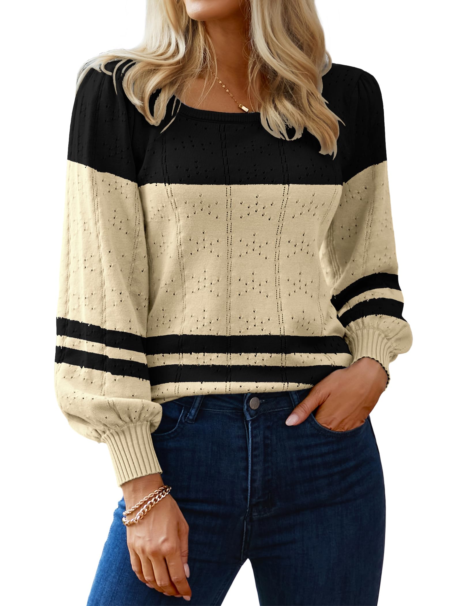 Hotouch Sweaters for Women 2026 Fall Trendy Tops Casual Puff Sleeve Square Neck Cute Tunic Pullover Blouses XS-XXL