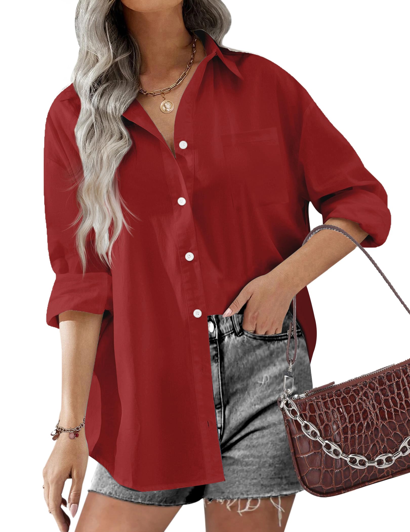 HOTOUCH Women Oversized Button Down Shirts Office Drop Shoulder Blouse Long Sleeve Boyfriend Dress Shirt with Pockets