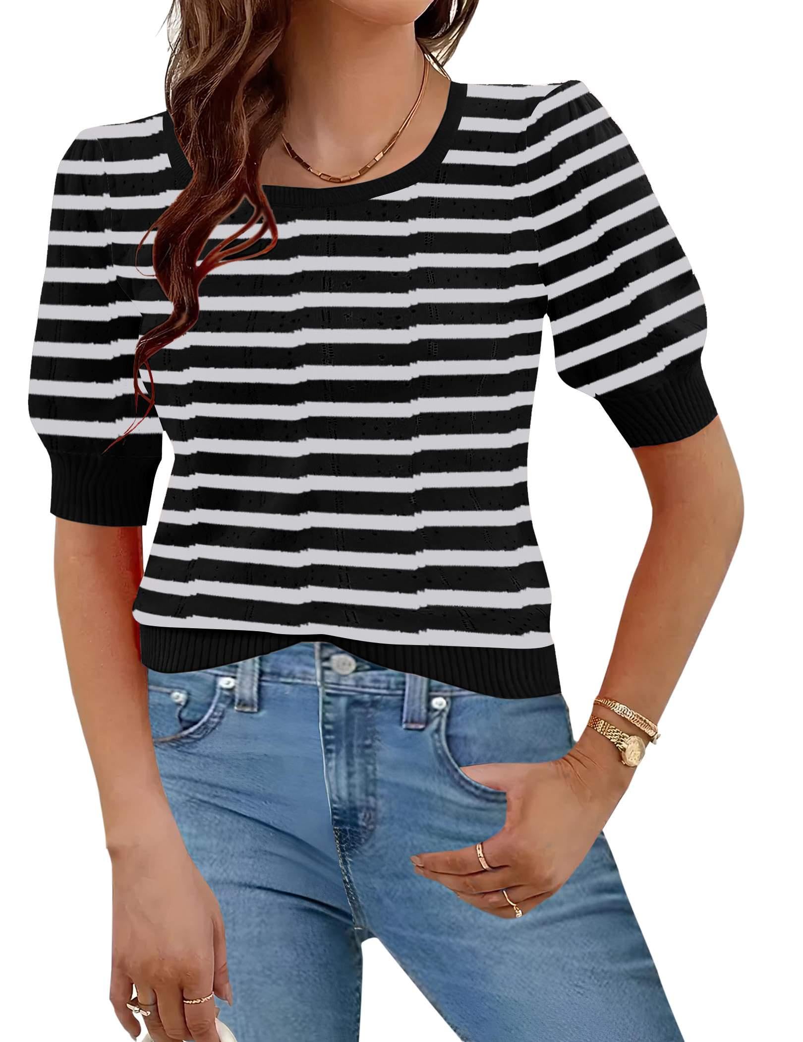 Hotouch Sweaters for Women 2026 Fall Trendy Tops Casual Puff Sleeve Square Neck Cute Tunic Pullover Blouses XS-XXL