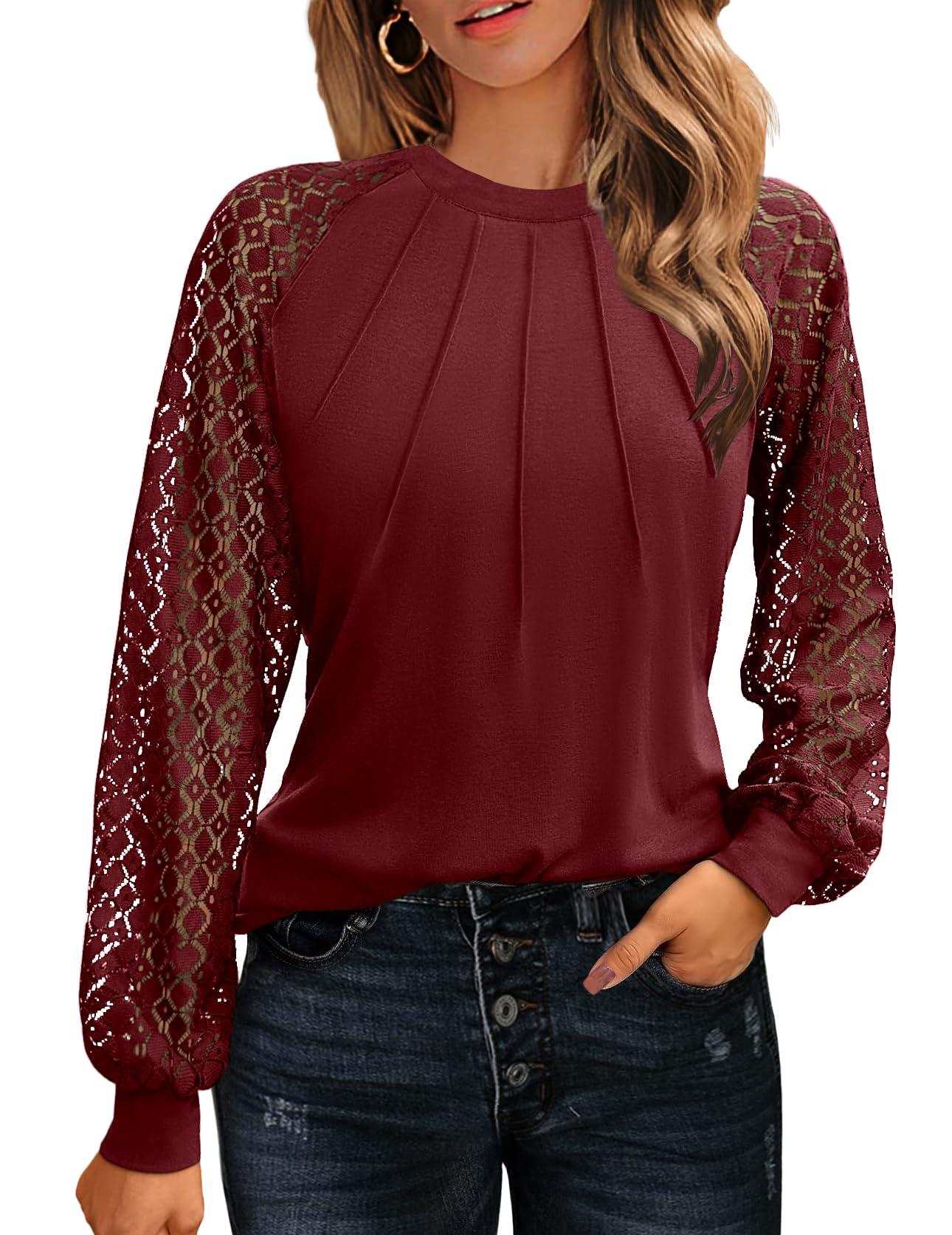 HOTOUCH Womens Lace Short/Long Sleeve Tops Fall Dressy Casual Blouses Business Work Shirts Fashion Clothe Trendy Outfits