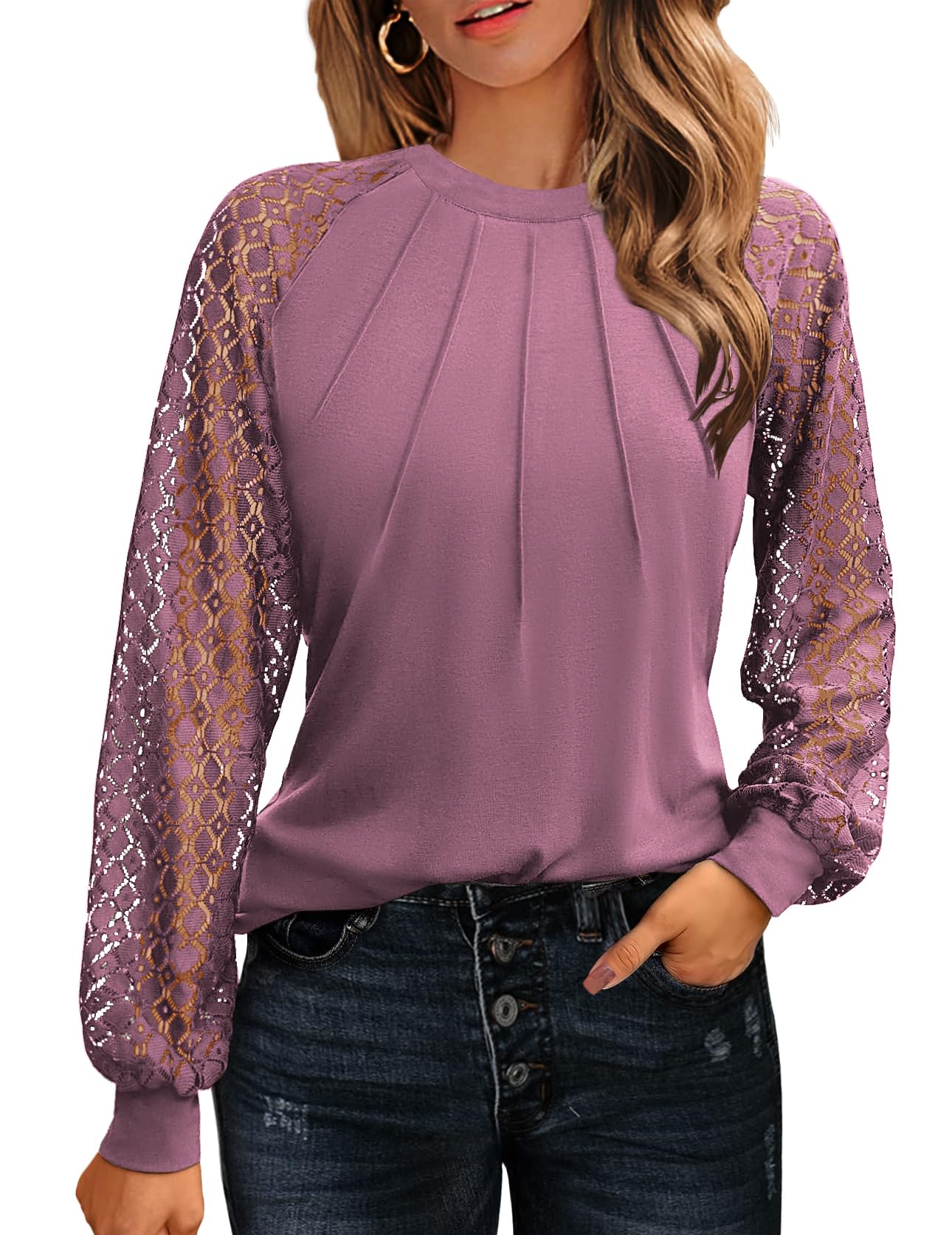 HOTOUCH Womens Lace Short/Long Sleeve Tops Fall Dressy Casual Blouses Business Work Shirts Fashion Clothe Trendy Outfits