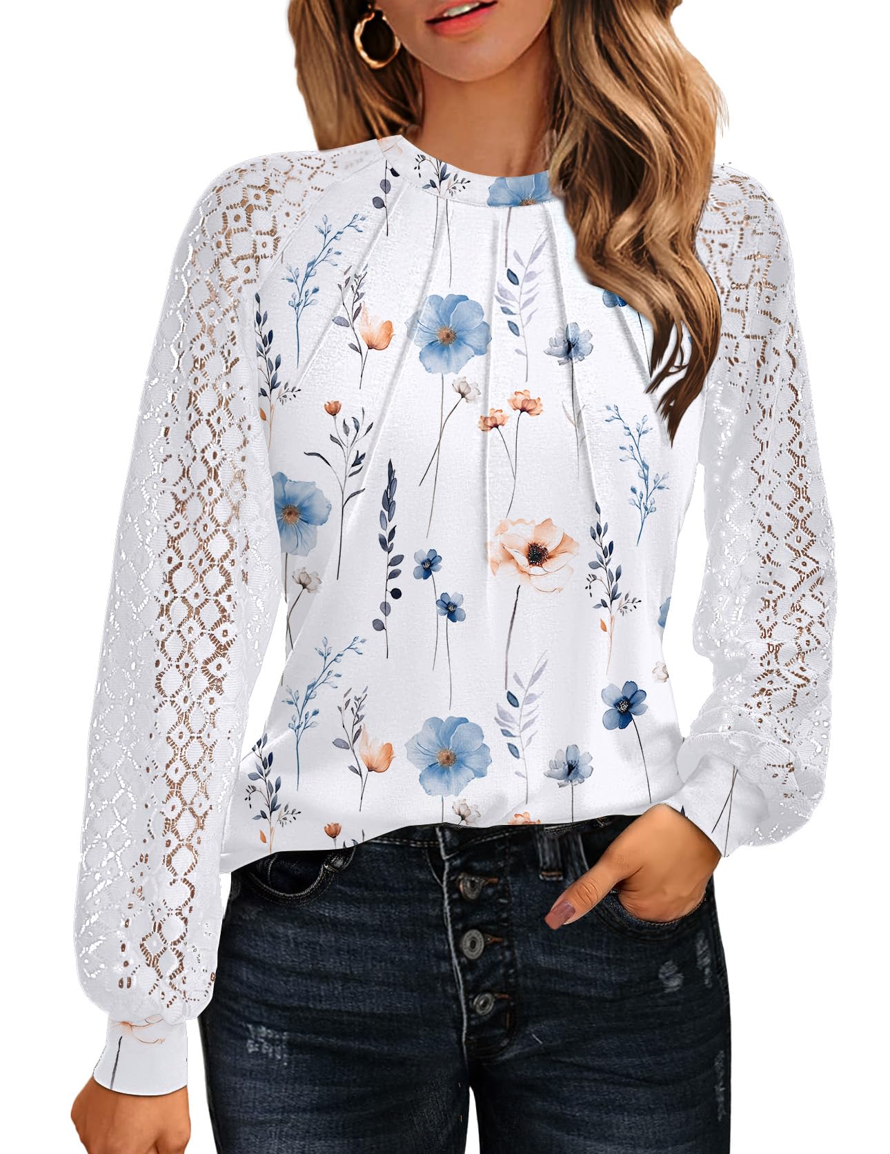 HOTOUCH Womens Lace Short/Long Sleeve Tops Fall Dressy Casual Blouses Business Work Shirts Fashion Clothe Trendy Outfits