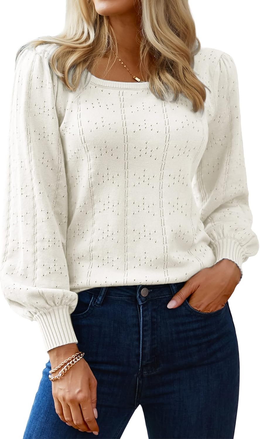 Hotouch Sweaters for Women 2026 Fall Trendy Tops Casual Puff Sleeve Square Neck Cute Tunic Pullover Blouses XS-XXL