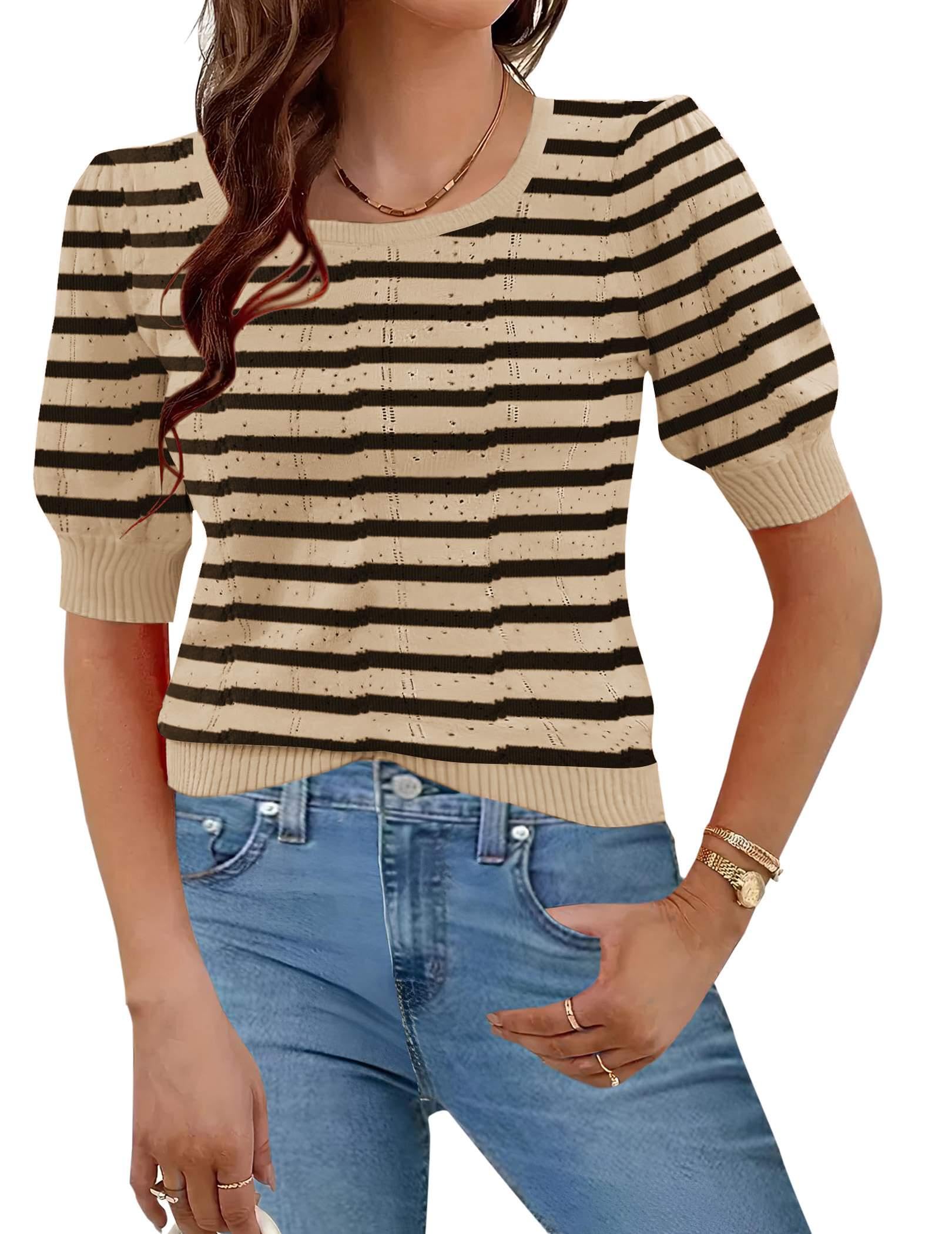 Hotouch Sweaters for Women 2026 Fall Trendy Tops Casual Puff Sleeve Square Neck Cute Tunic Pullover Blouses XS-XXL