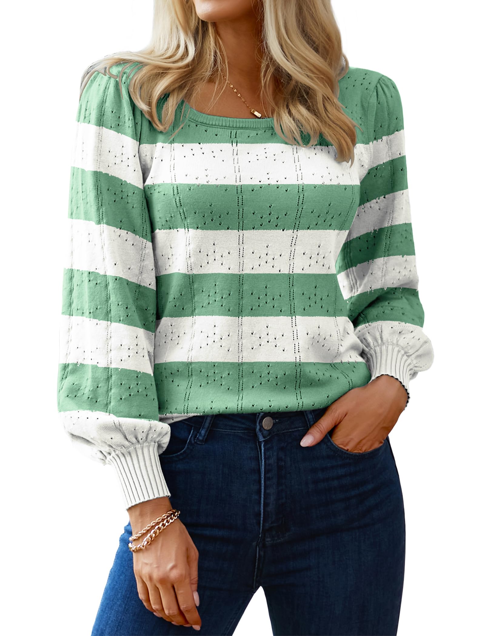 Hotouch Sweaters for Women 2026 Fall Trendy Tops Casual Puff Sleeve Square Neck Cute Tunic Pullover Blouses XS-XXL