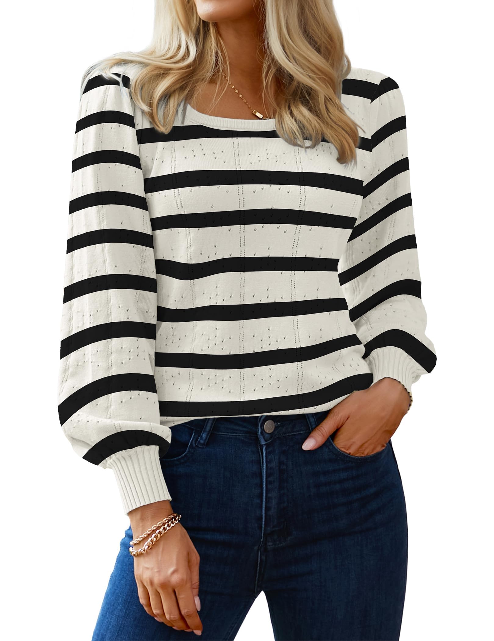 Hotouch Sweaters for Women 2026 Fall Trendy Tops Casual Puff Sleeve Square Neck Cute Tunic Pullover Blouses XS-XXL