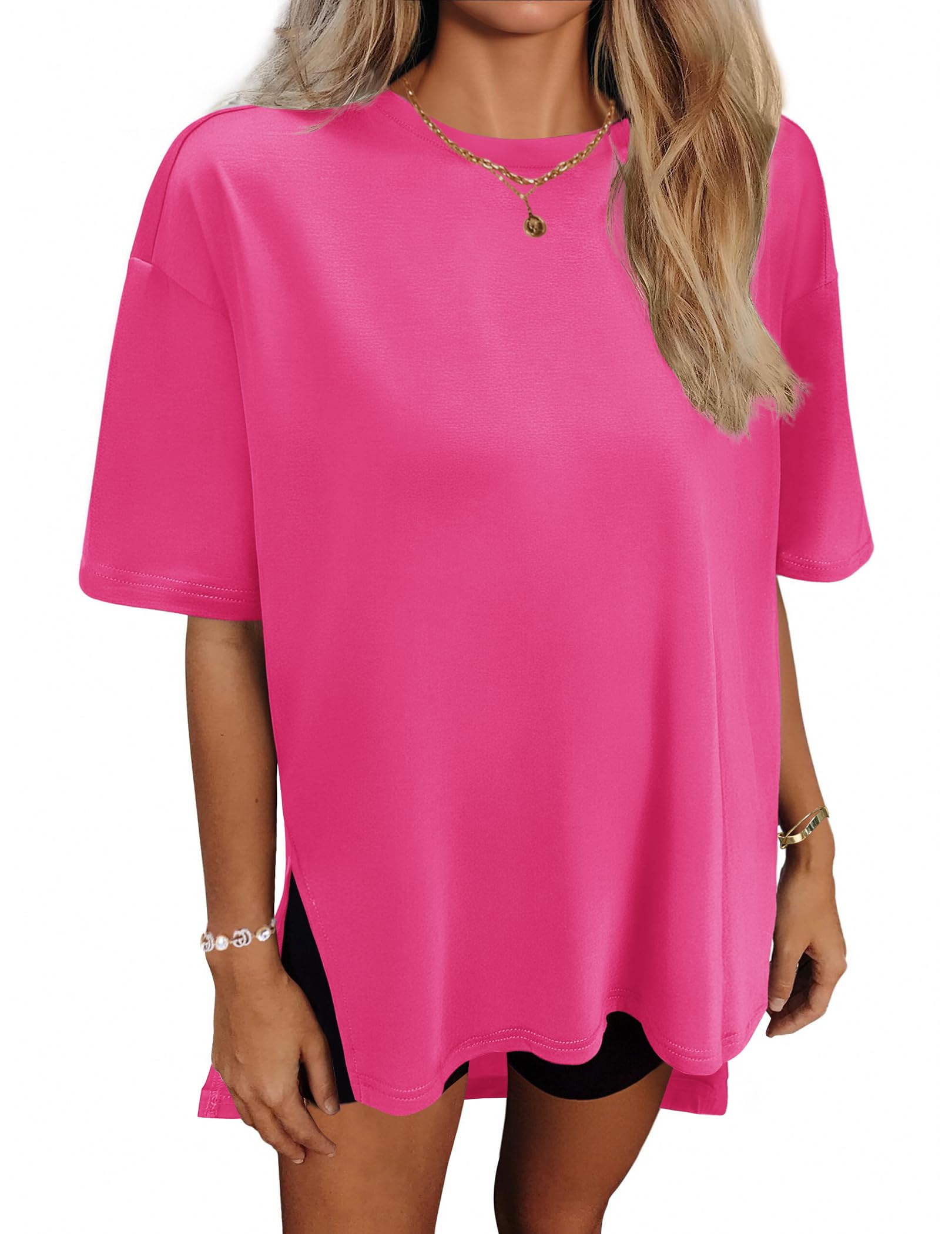 HOTOUCH Womens Oversized T Shirts Crewneck Short Sleeve Workout Blouse Tops Summer Casual Dropped Shoulder Tunic Tee