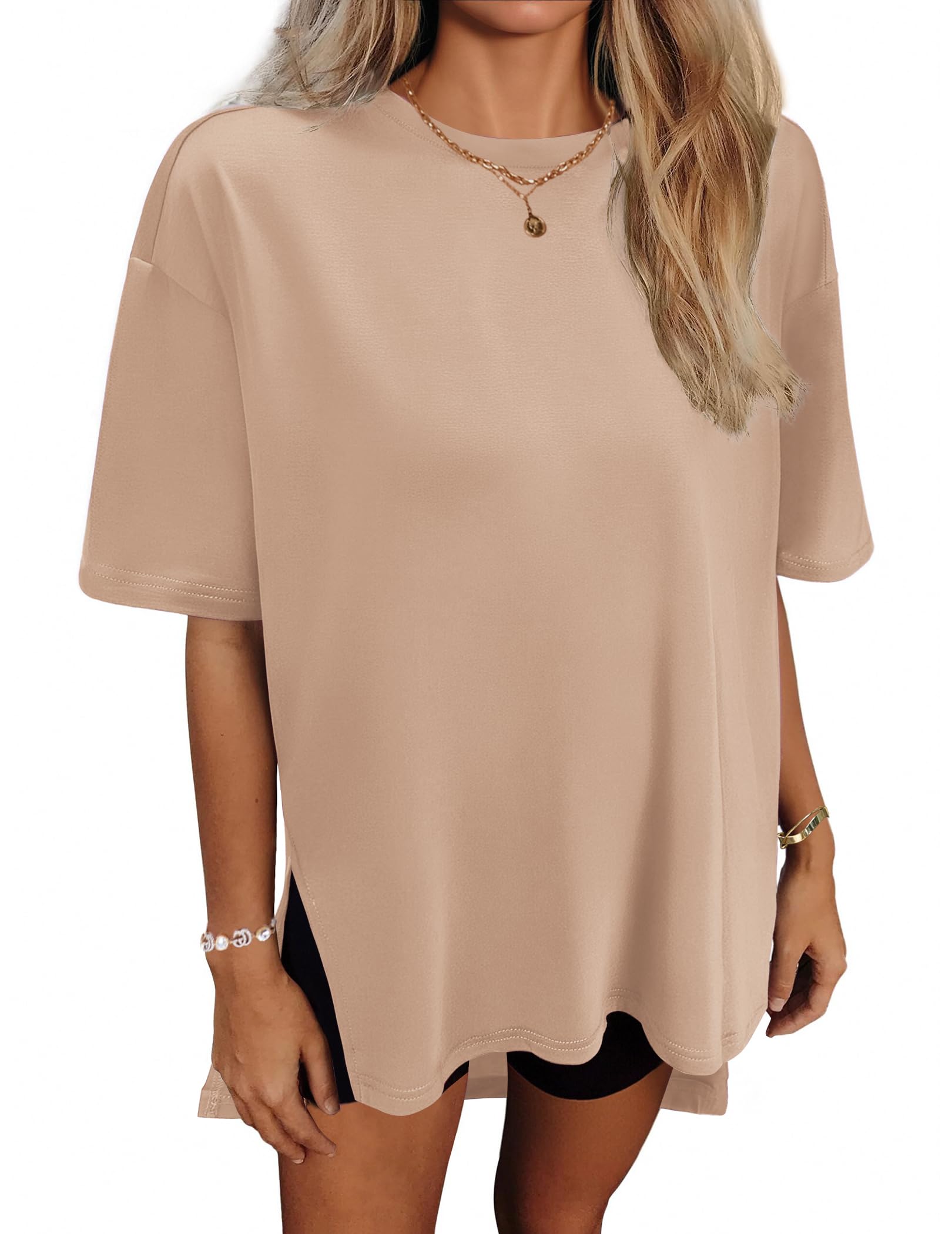 HOTOUCH Womens Oversized T Shirts Crewneck Short Sleeve Workout Blouse Tops Summer Casual Dropped Shoulder Tunic Tee