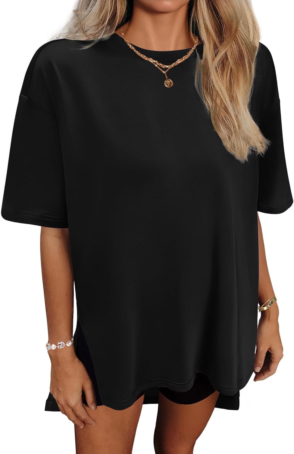 HOTOUCH Womens Oversized T Shirts Crewneck Short Sleeve Workout Blouse Tops Summer Casual Dropped Shoulder Tunic Tee