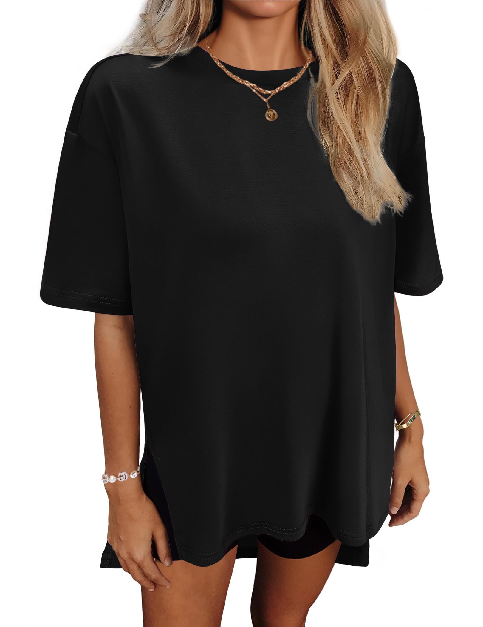 HOTOUCH Womens Oversized T Shirts Crewneck Short Sleeve Workout Blouse Tops Summer Casual Dropped Shoulder Tunic Tee