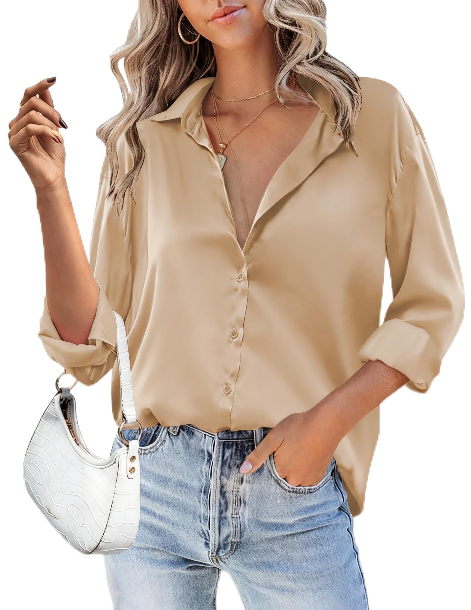 HOTOUCH Women Satin Silk Button Down Shirt Ladies Long Sleeve Tops V Neck Loose Blouse Dressy Business Casual Work Tunic Fall