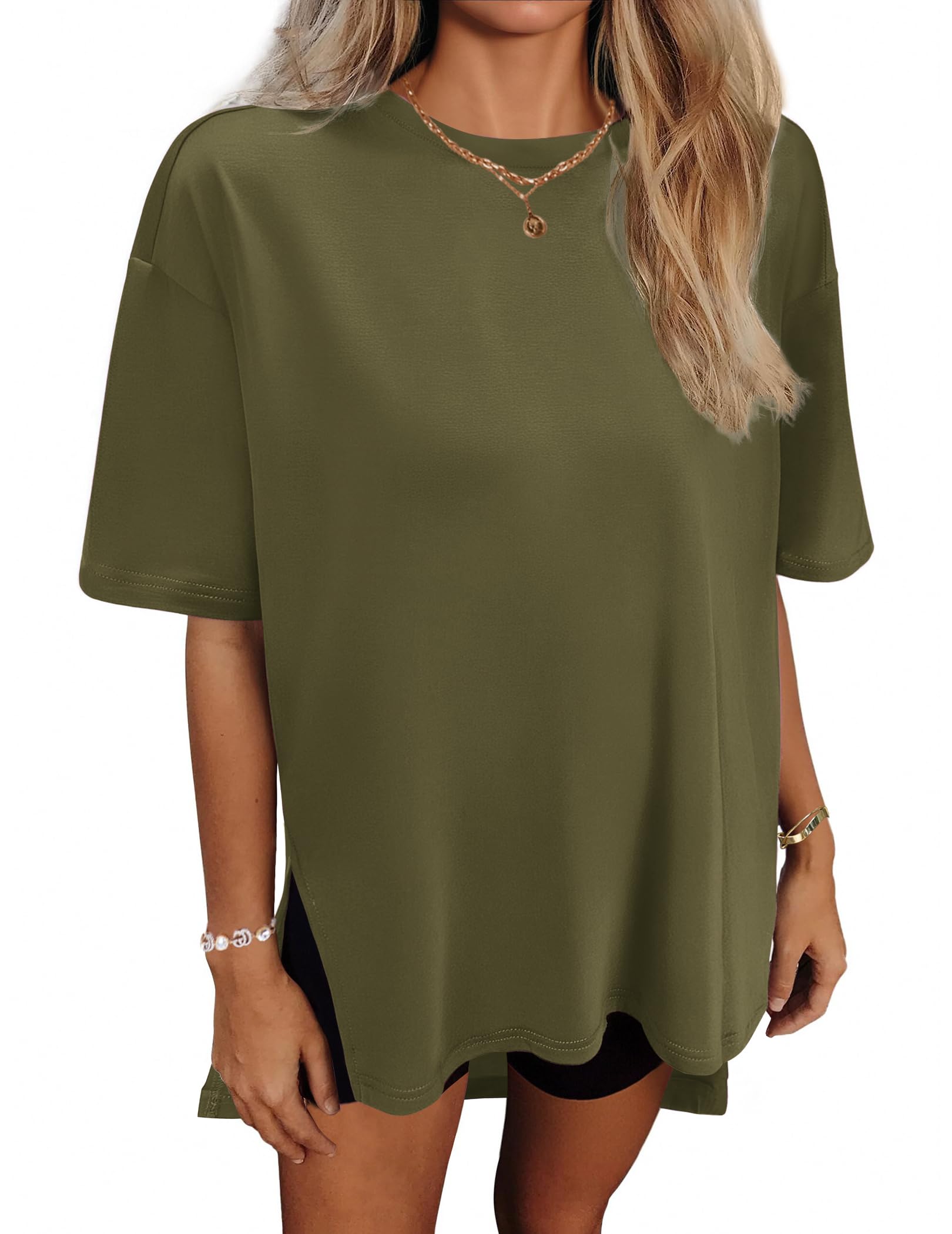 HOTOUCH Womens Oversized T Shirts Crewneck Short Sleeve Workout Blouse Tops Summer Casual Dropped Shoulder Tunic Tee