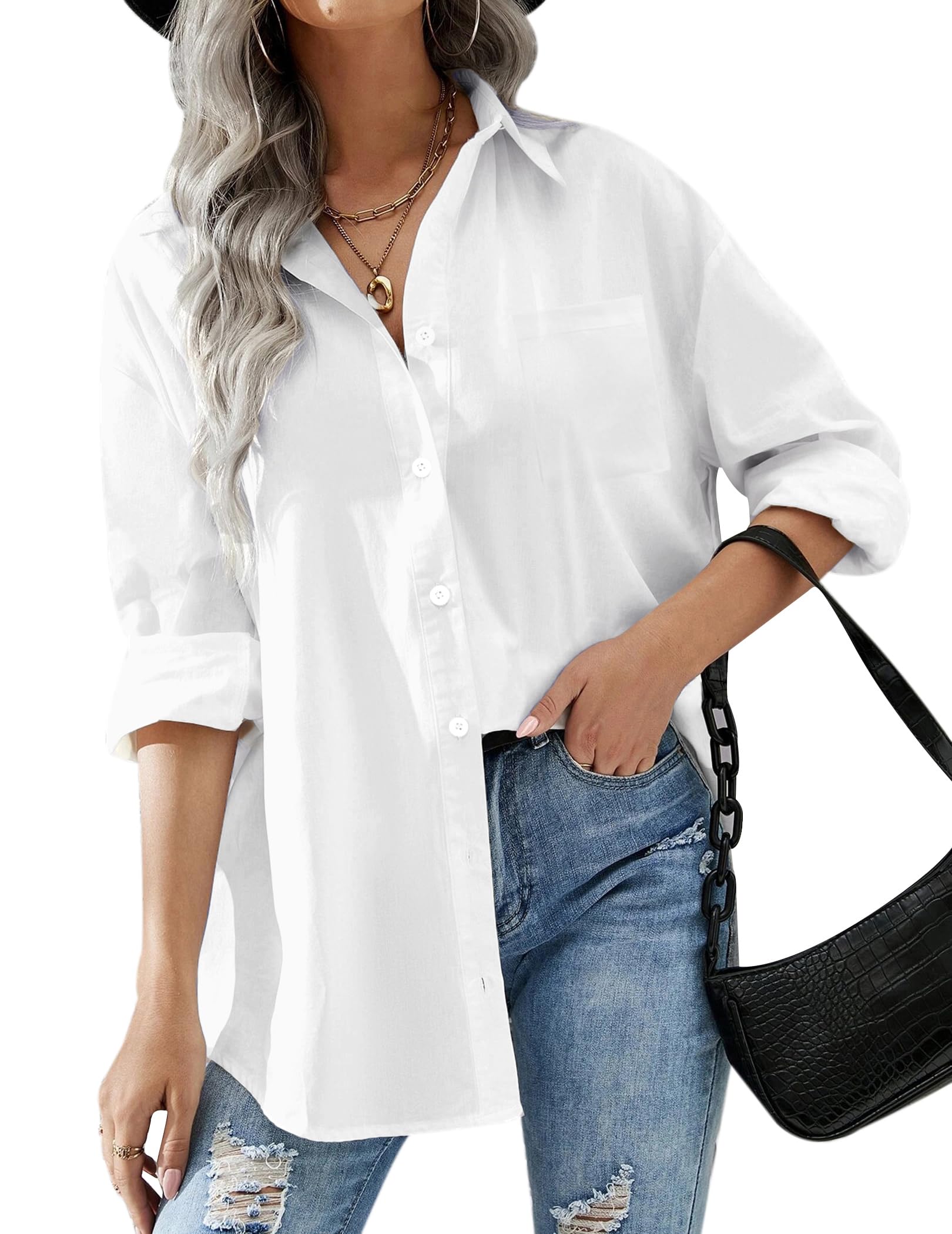 HOTOUCH Women Oversized Button Down Shirts Office Drop Shoulder Blouse Long Sleeve Boyfriend Dress Shirt with Pockets
