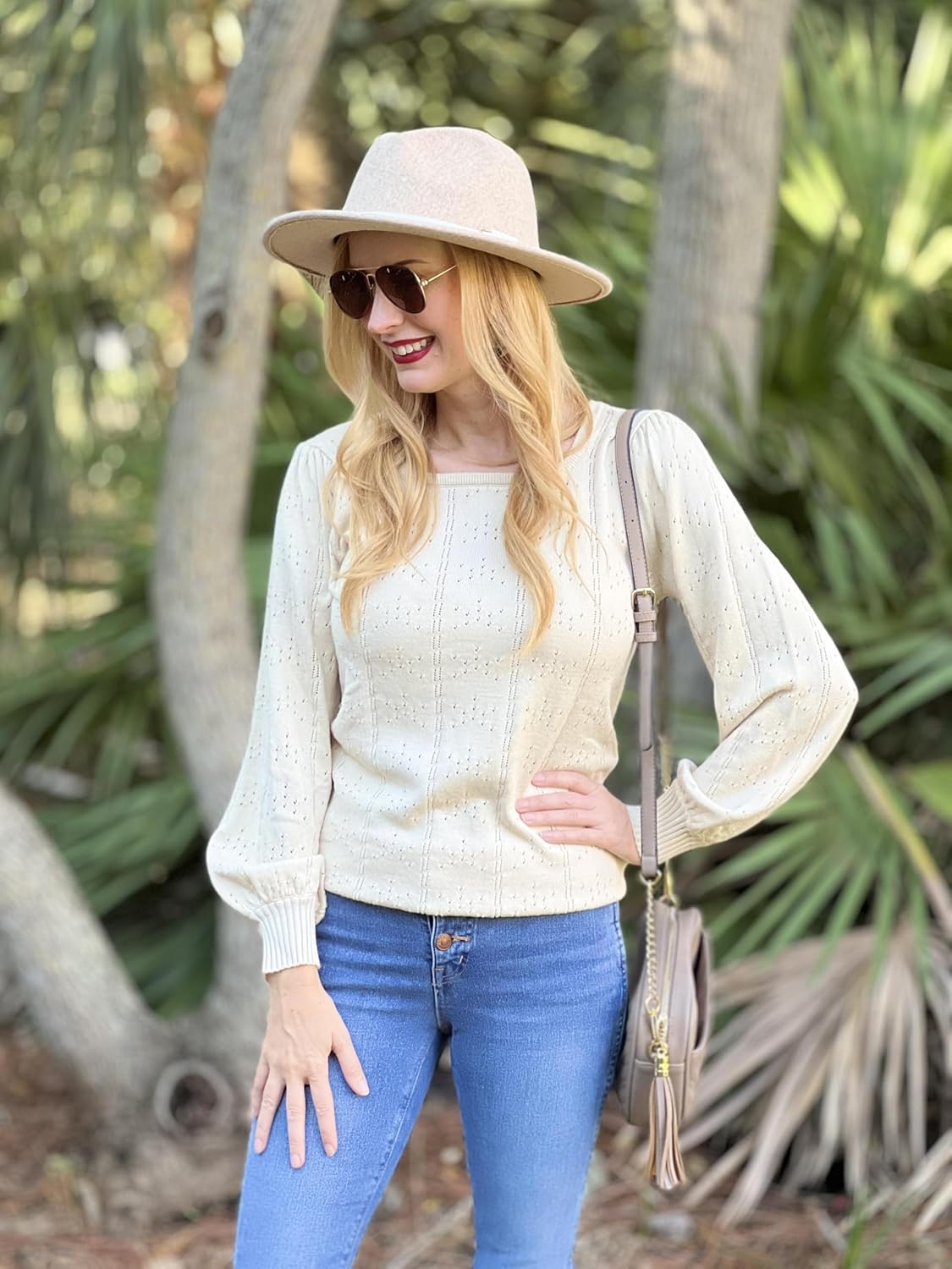 Hotouch Sweaters for Women 2026 Fall Trendy Tops Casual Puff Sleeve Square Neck Cute Tunic Pullover Blouses XS-XXL