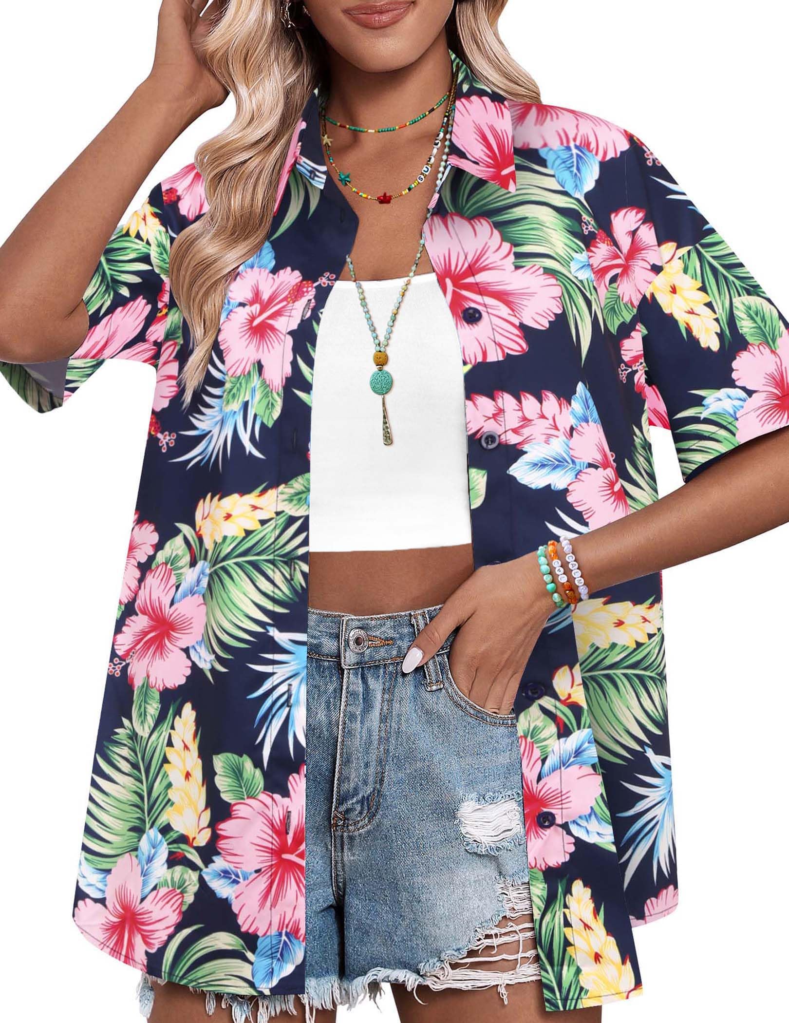 HOTOUCH Womens Hawaiian Shirts Button Up Casual Floral Tropical Shirt Summer Beach Shirt Cool Short Sleeve Blouse Tops