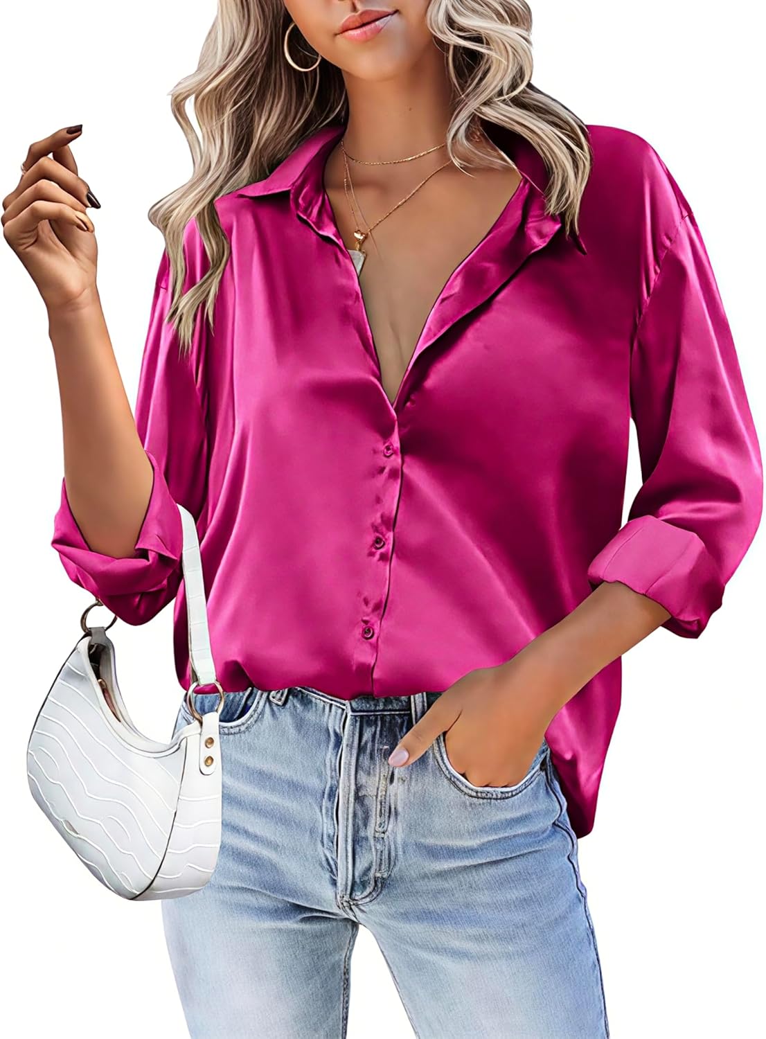 HOTOUCH Women Satin Silk Button Down Shirt Ladies Long Sleeve Tops V Neck Loose Blouse Dressy Business Casual Work Tunic Fall
