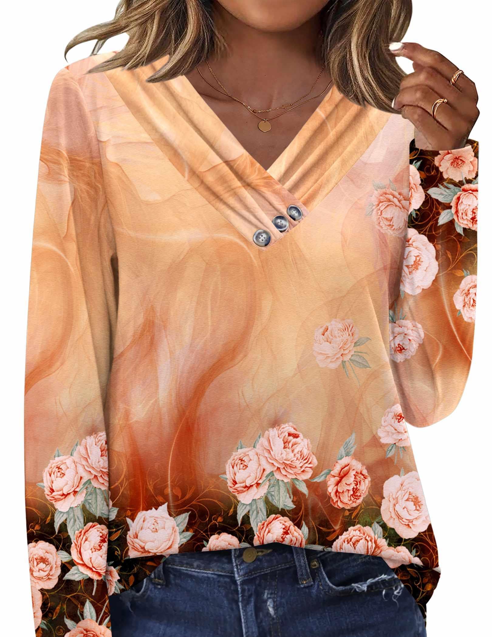 HOTOUCH Womens Fall Tunics Long Sleeve Tops Cross V Neck Shirts Loose Casual Blouses with Decor Button