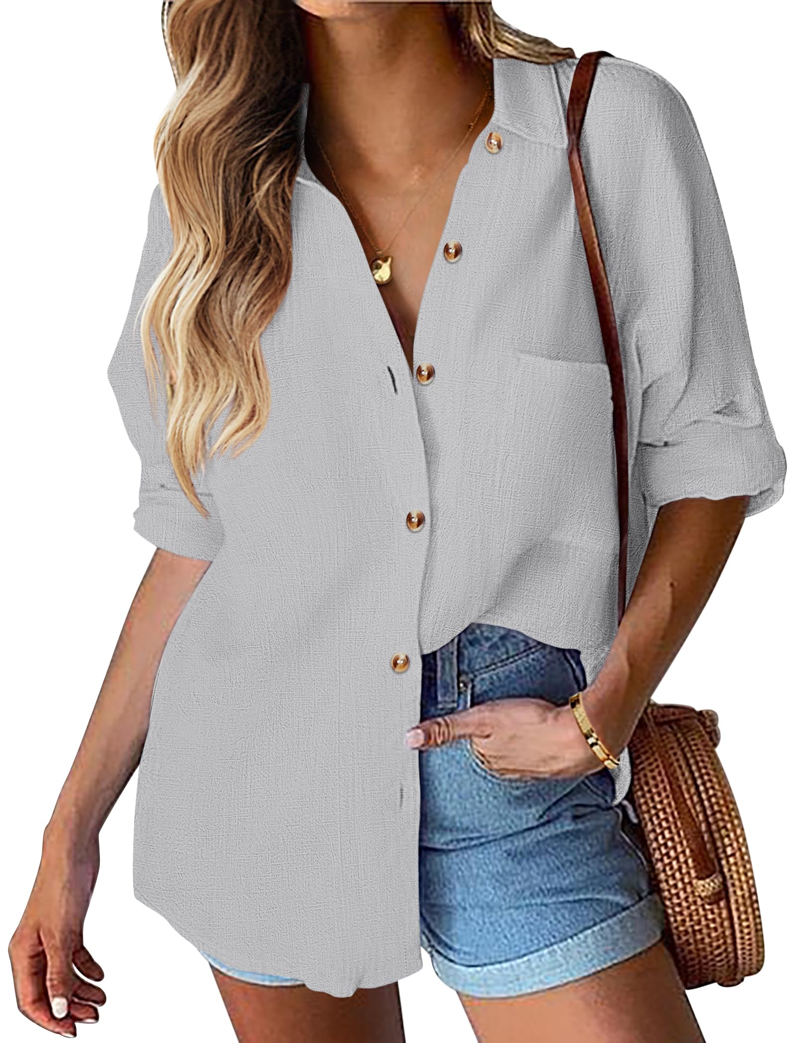 HOTOUCH Womens Linen Button Down Shirt Casual Long Sleeve Cotton Blouse Loose Fit Collared Work Gauze Tops with Pocket