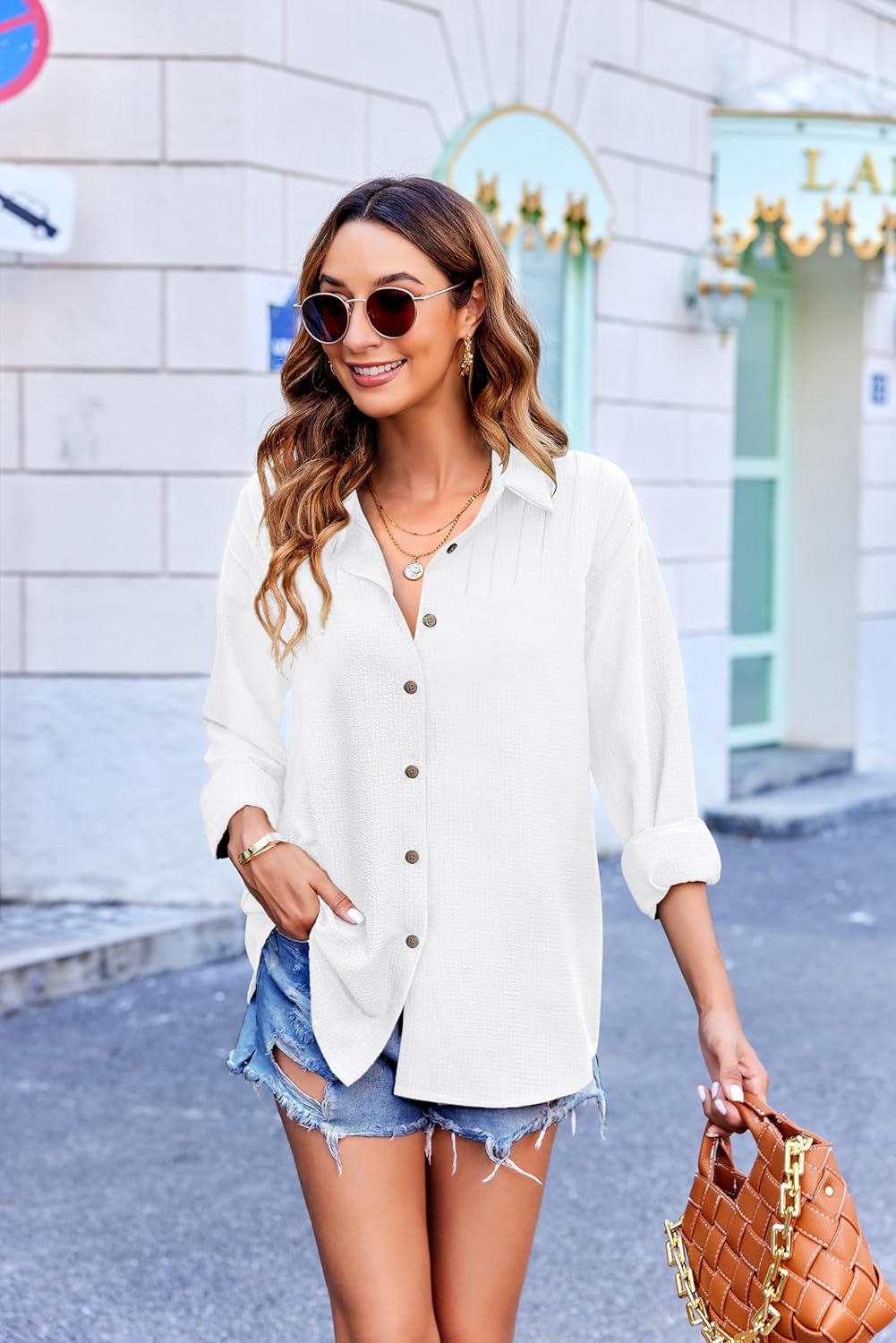 HOTOUCH Womens Long Sleeve Button Down Shirts Oversized Collared Drop Shoulder Work Tops Textured Loose Blouse S-XXXL