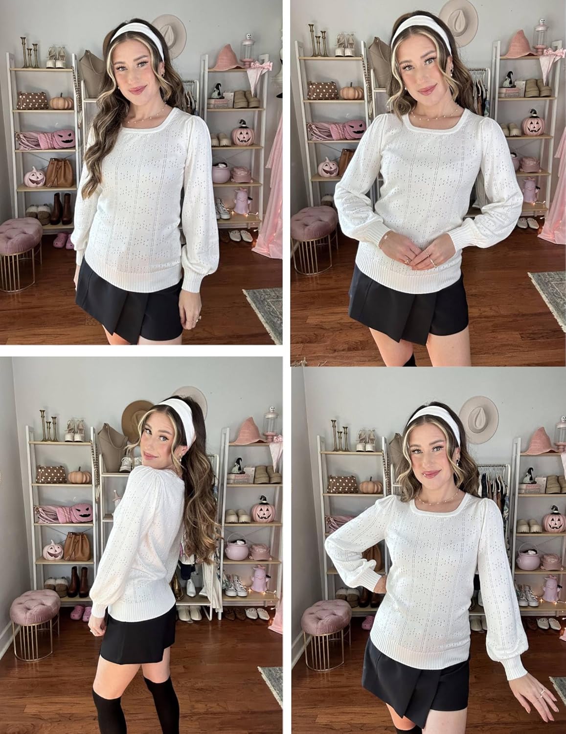 Hotouch Sweaters for Women 2026 Fall Trendy Tops Casual Puff Sleeve Square Neck Cute Tunic Pullover Blouses XS-XXL