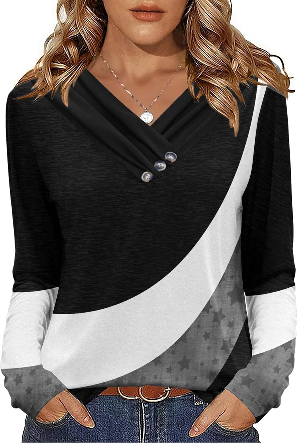 HOTOUCH Womens Fall Tunics Long Sleeve Tops Cross V Neck Shirts Loose Casual Blouses with Decor Button