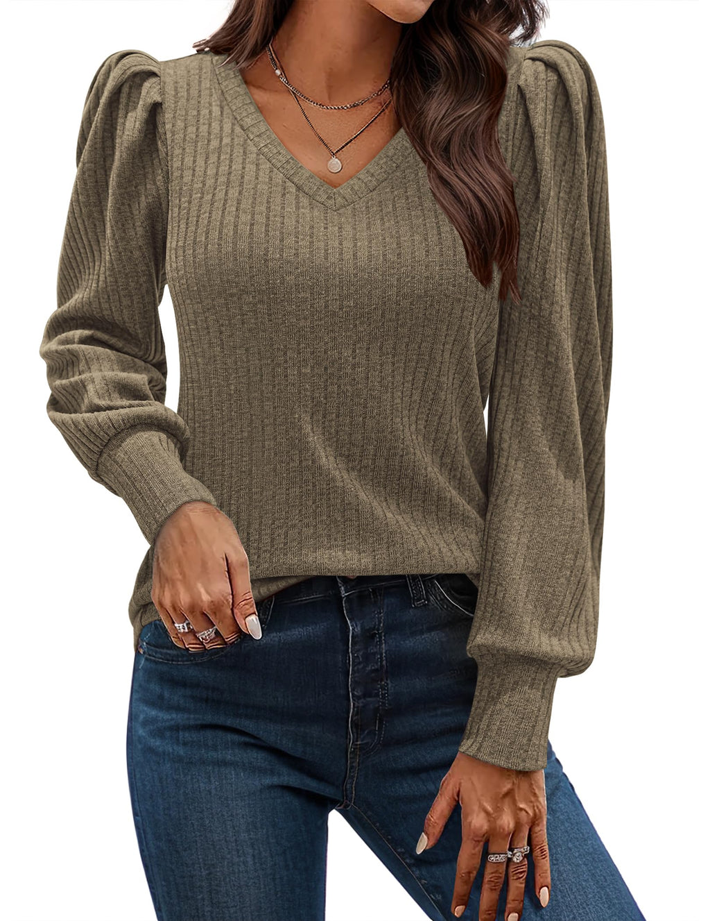 HOTOUCH Women's Knit Shirt Soft Puff Long Sleeve Blouse Tops Lightweight V Neck Tunic XS-XXL