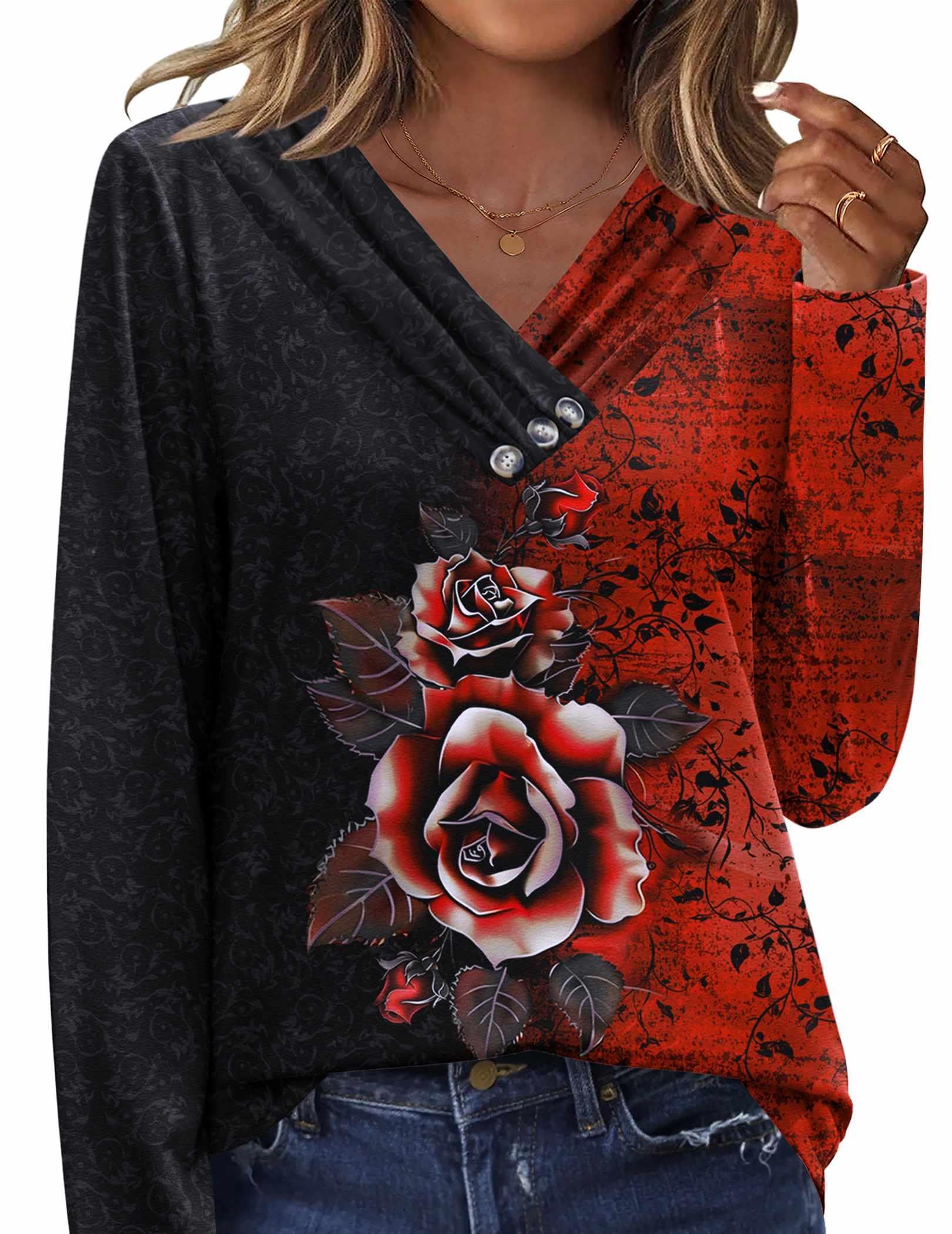 HOTOUCH Womens Fall Tunics Long Sleeve Tops Cross V Neck Shirts Loose Casual Blouses with Decor Button