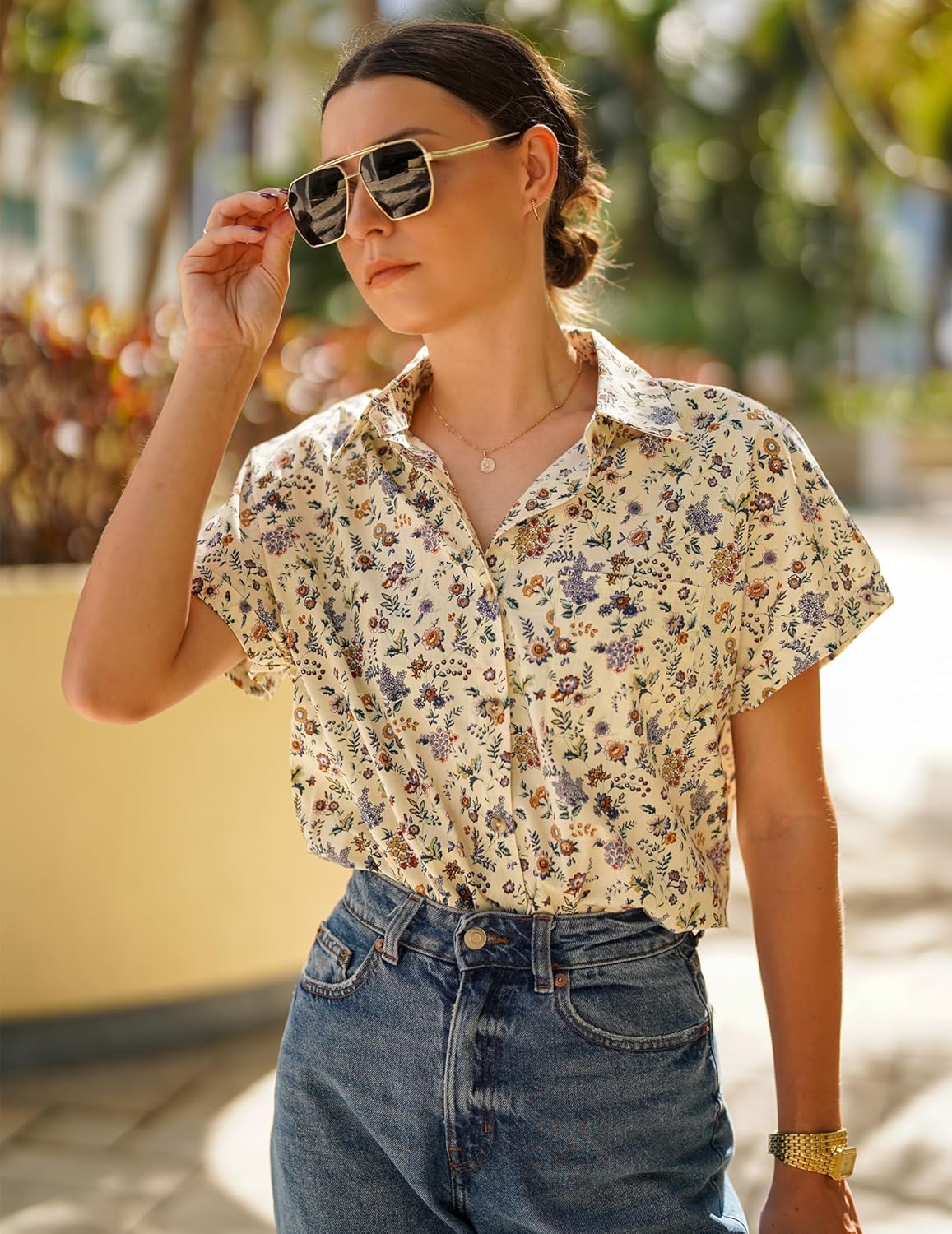 HOTOUCH Women's Short Sleeve Button Down Collared Shirt