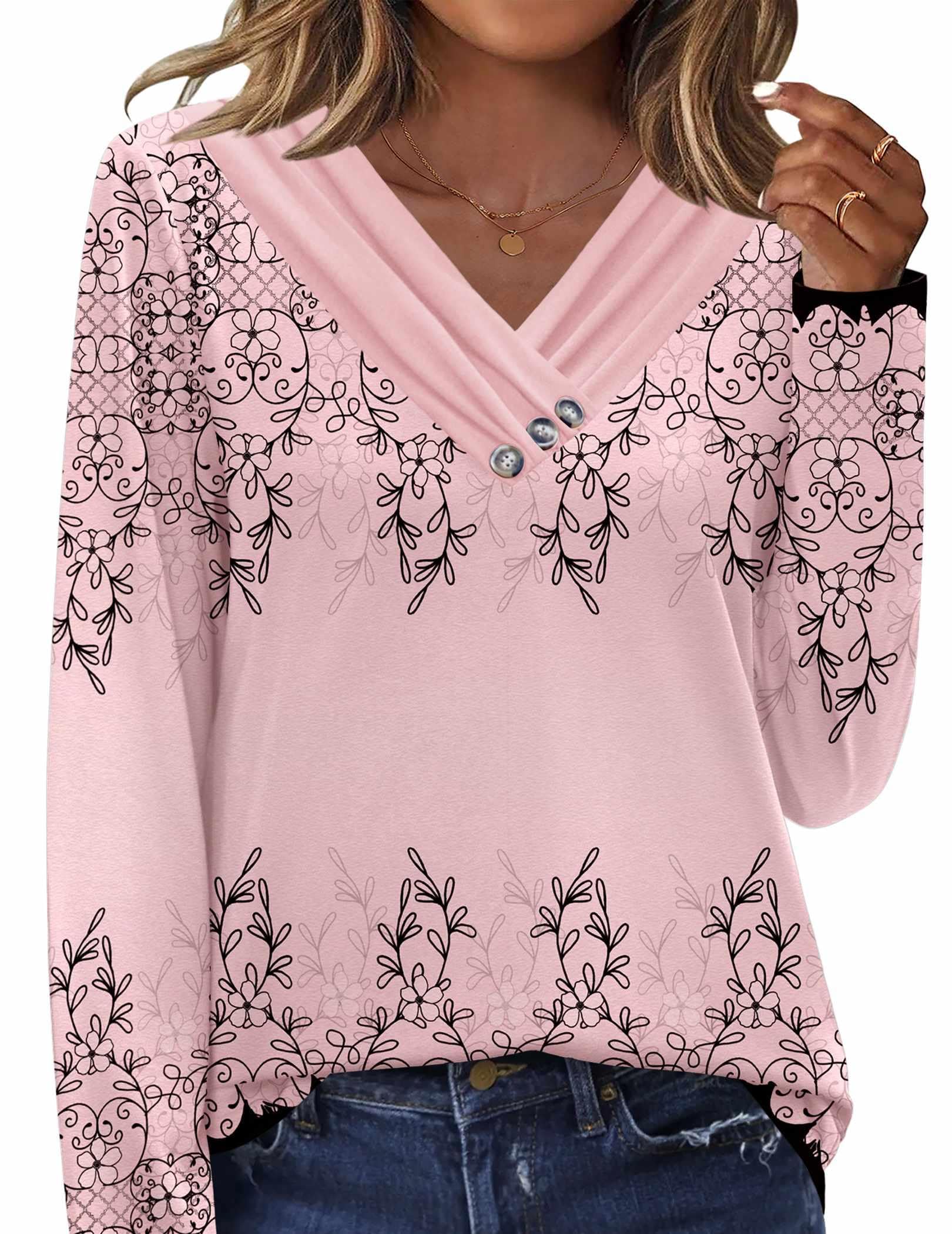 HOTOUCH Womens Fall Tunics Long Sleeve Tops Cross V Neck Shirts Loose Casual Blouses with Decor Button