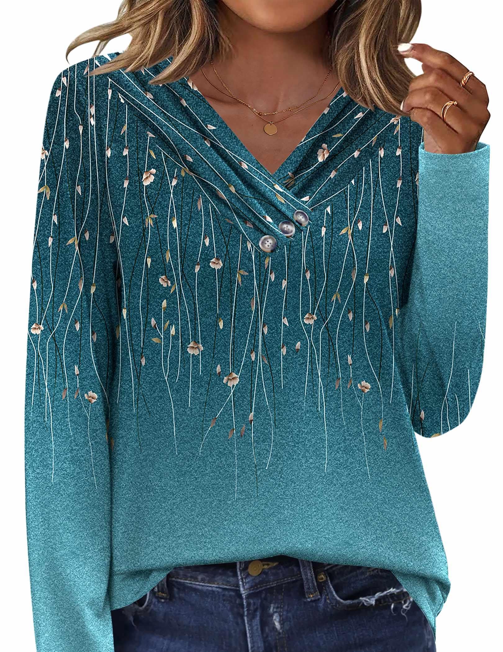 HOTOUCH Womens Fall Tunics Long Sleeve Tops Cross V Neck Shirts Loose Casual Blouses with Decor Button