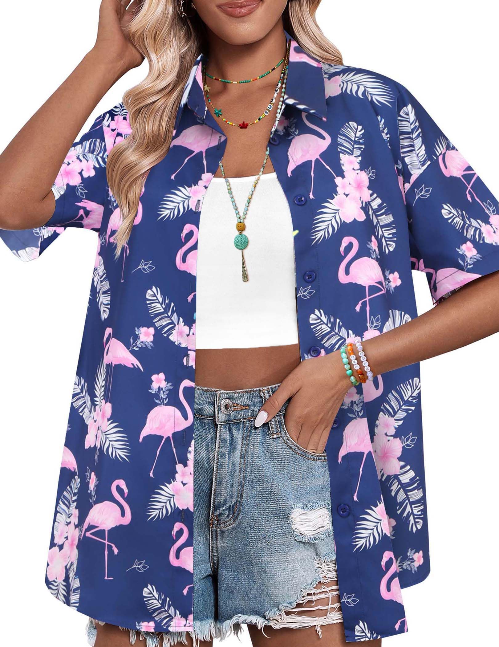 HOTOUCH Womens Hawaiian Shirts Button Up Casual Floral Tropical Shirt Summer Beach Shirt Cool Short Sleeve Blouse Tops