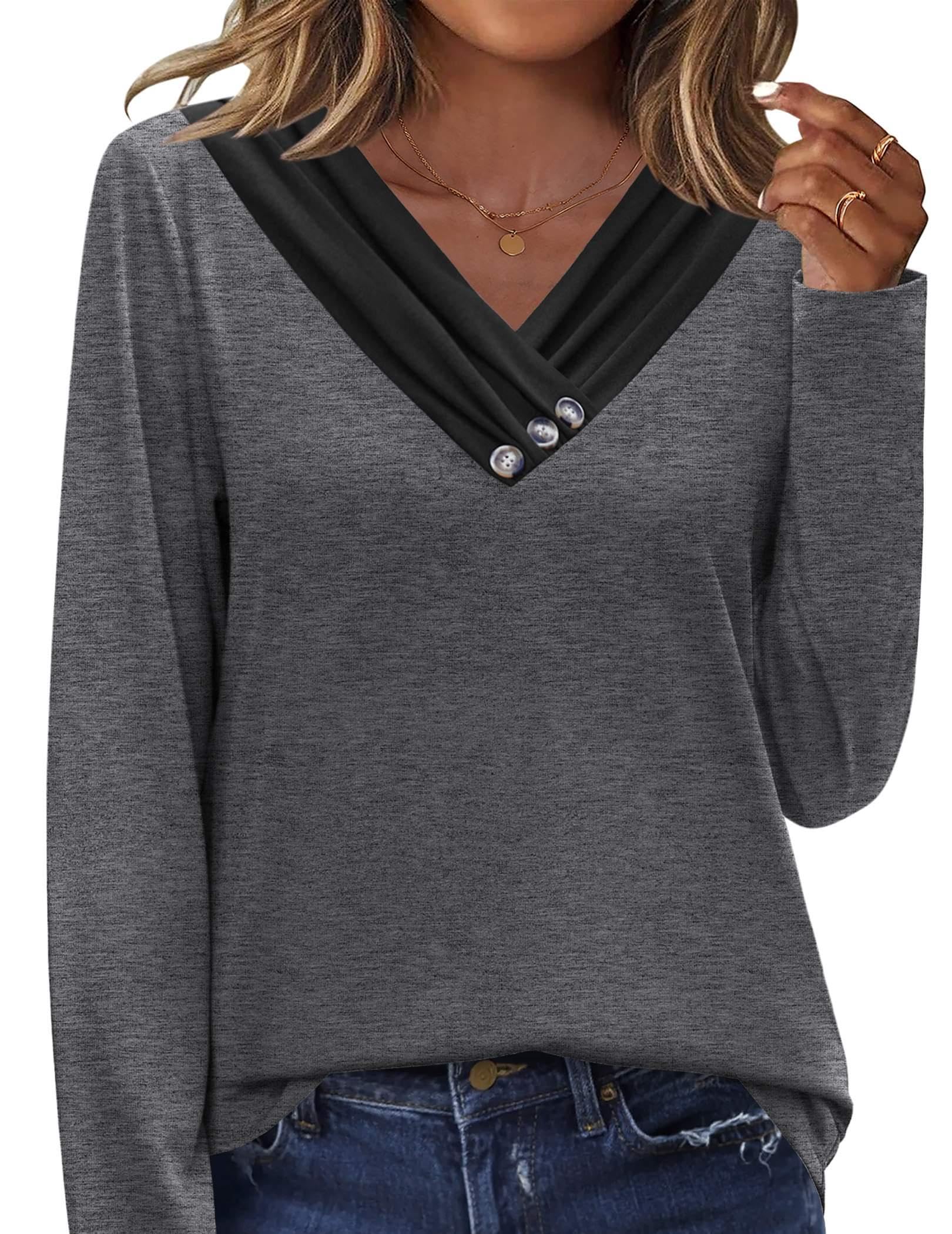 HOTOUCH Womens Fall Tunics Long Sleeve Tops Cross V Neck Shirts Loose Casual Blouses with Decor Button