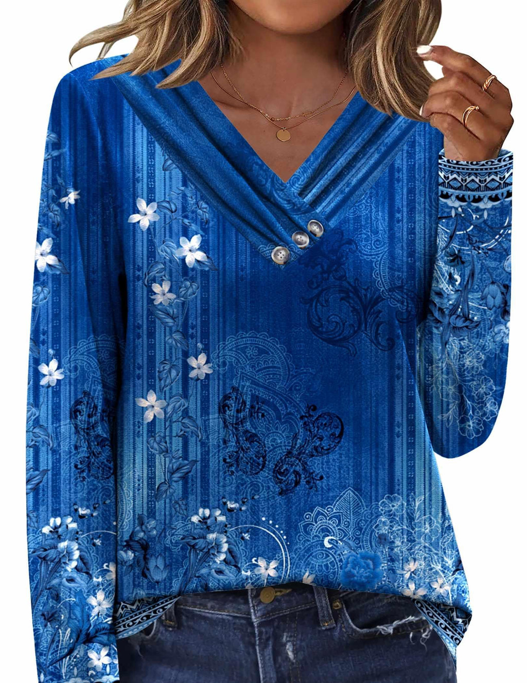 HOTOUCH Womens Fall Tunics Long Sleeve Tops Cross V Neck Shirts Loose Casual Blouses with Decor Button