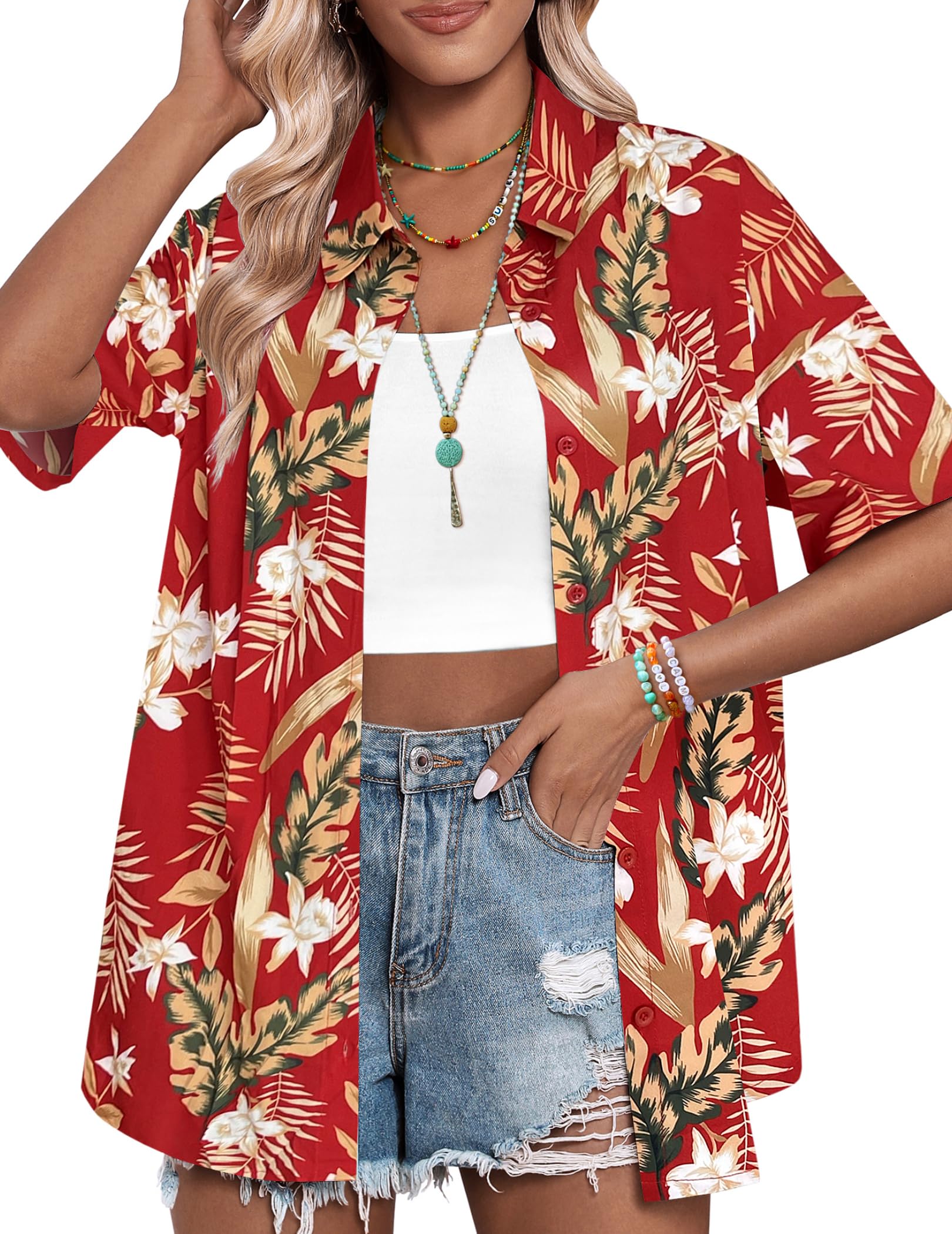 HOTOUCH Womens Hawaiian Shirts Button Up Casual Floral Tropical Shirt Summer Beach Shirt Cool Short Sleeve Blouse Tops