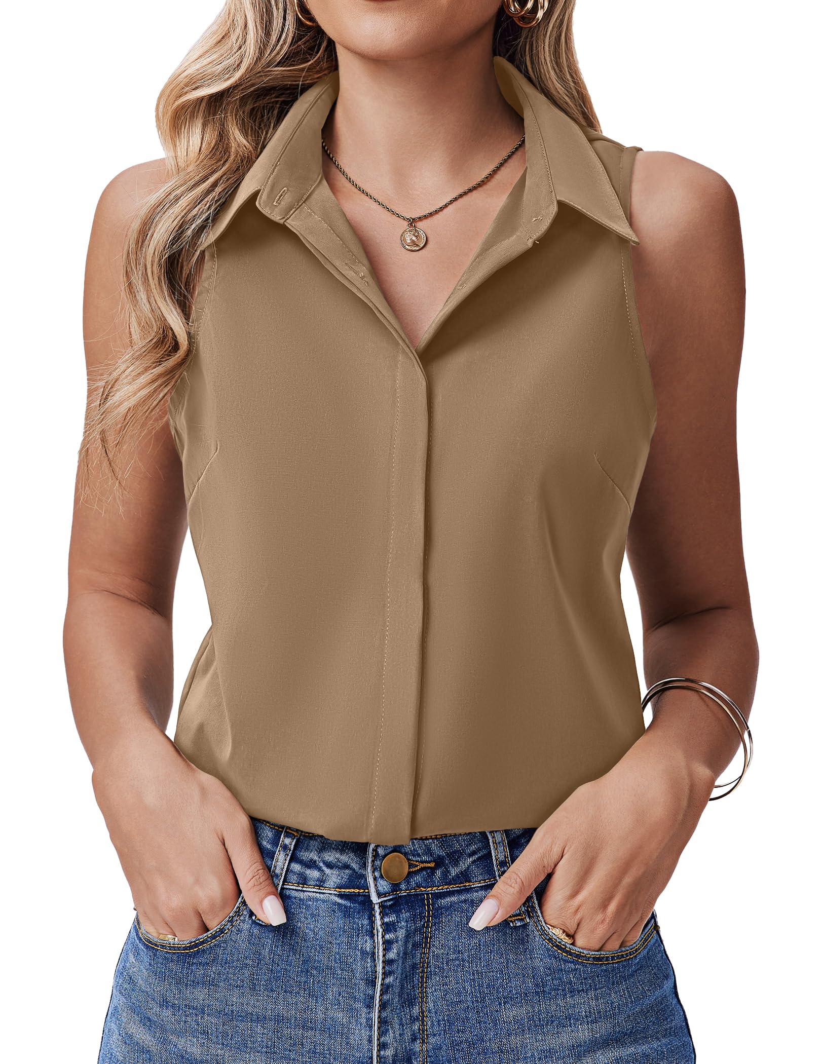 HOTOUCH Women's Sleeveless Button Down Shirts Hidden-Button Front Collared Dressy Casual Blouses Loose Office Tank Tops