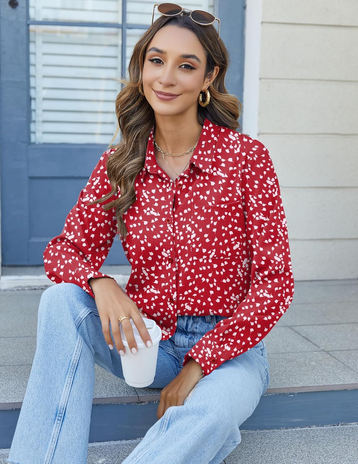 HOTOUCH Womens Button Down Shirts Long Sleeve Dress Shirts Casual V Neck Collared Tops Work Office Blouse with Pocket