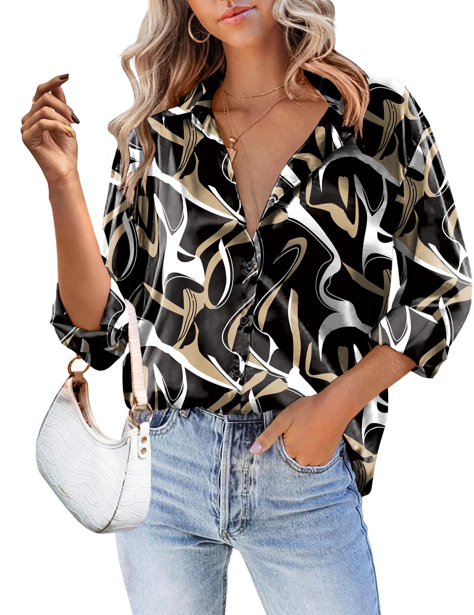 HOTOUCH Women Satin Silk Button Down Shirt Ladies Long Sleeve Tops V Neck Loose Blouse Dressy Business Casual Work Tunic Fall