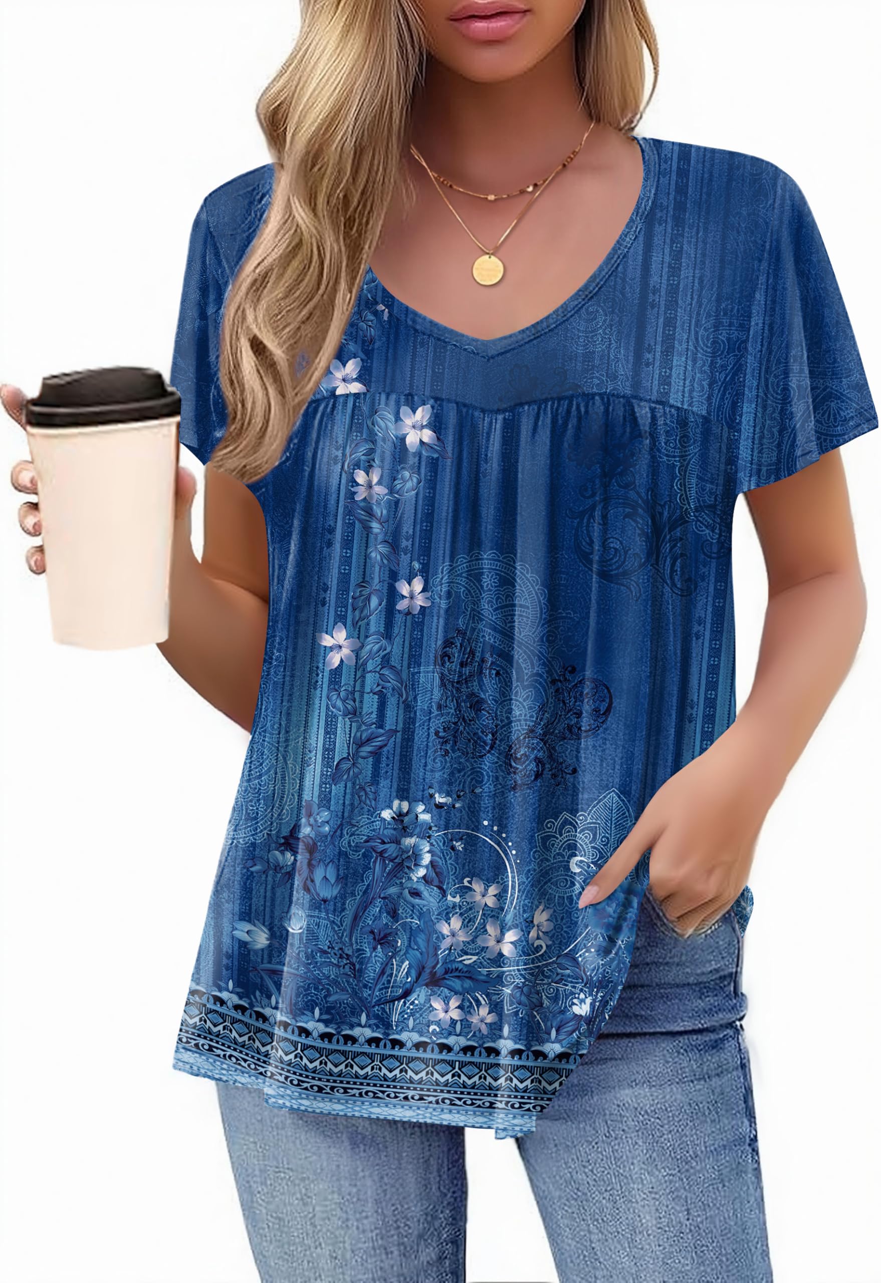 HOTOUCH Womens Short Sleeve Tunic Tops V Neck Loose Fit Ruffle Sleeve Shirts Summer Floral Dressy Casual Boho Blouses