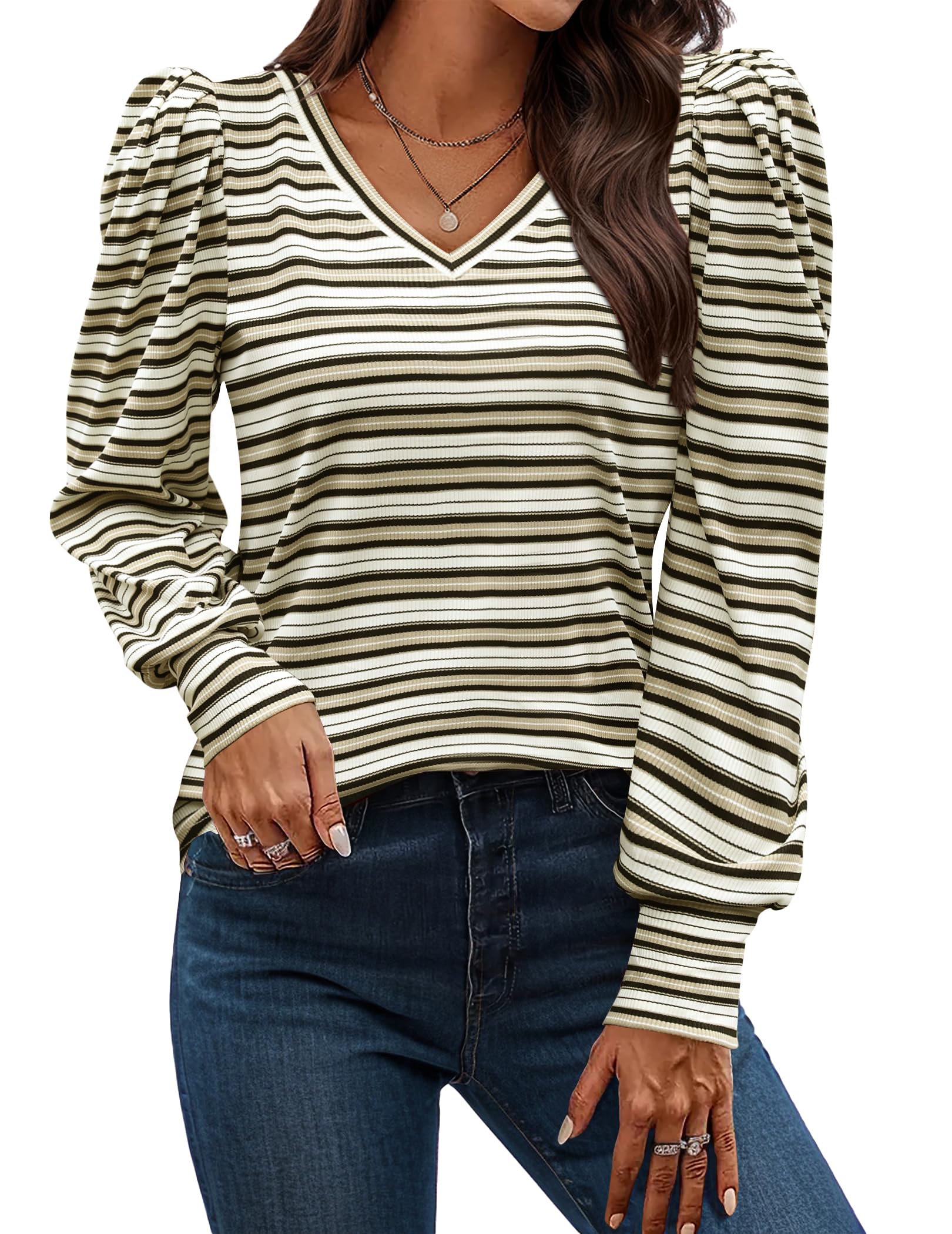 HOTOUCH Women's Knit Shirt Soft Puff Long Sleeve Blouse Tops Lightweight V Neck Tunic XS-XXL