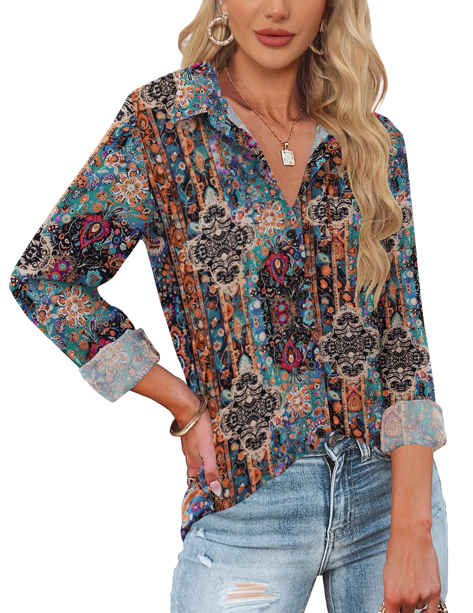 HOTOUCH Womens Button Down Shirts Long Sleeve Dress Shirts Casual V Neck Collared Tops Work Office Blouse with Pocket