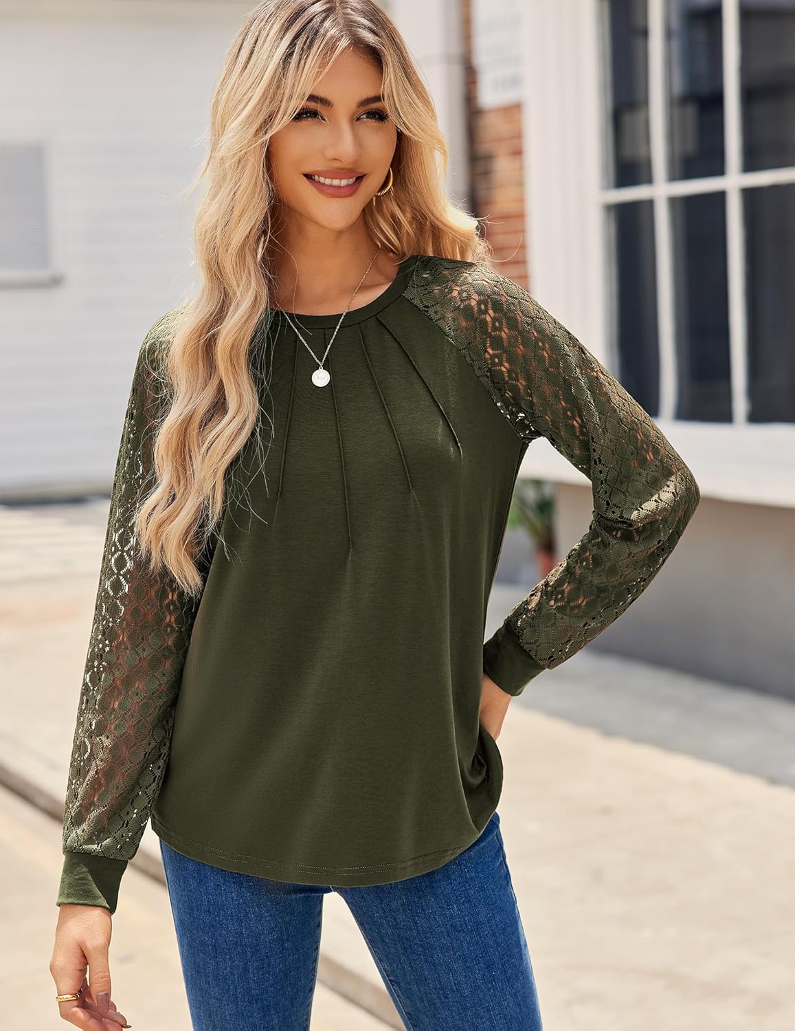 HOTOUCH Womens Lace Short/Long Sleeve Tops Fall Dressy Casual Blouses Business Work Shirts Fashion Clothe Trendy Outfits