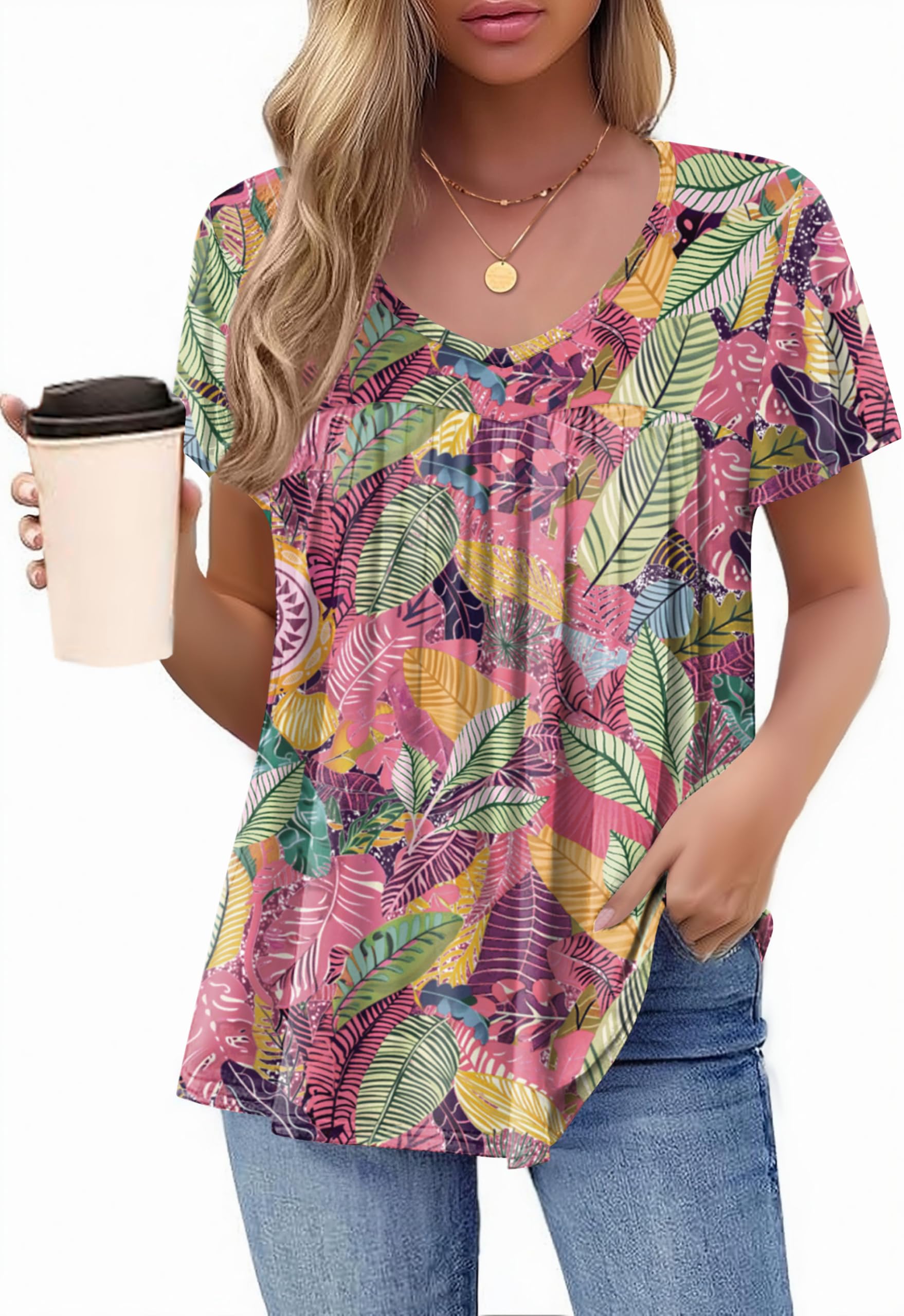 HOTOUCH Womens Short Sleeve Tunic Tops V Neck Loose Fit Ruffle Sleeve Shirts Summer Floral Dressy Casual Boho Blouses