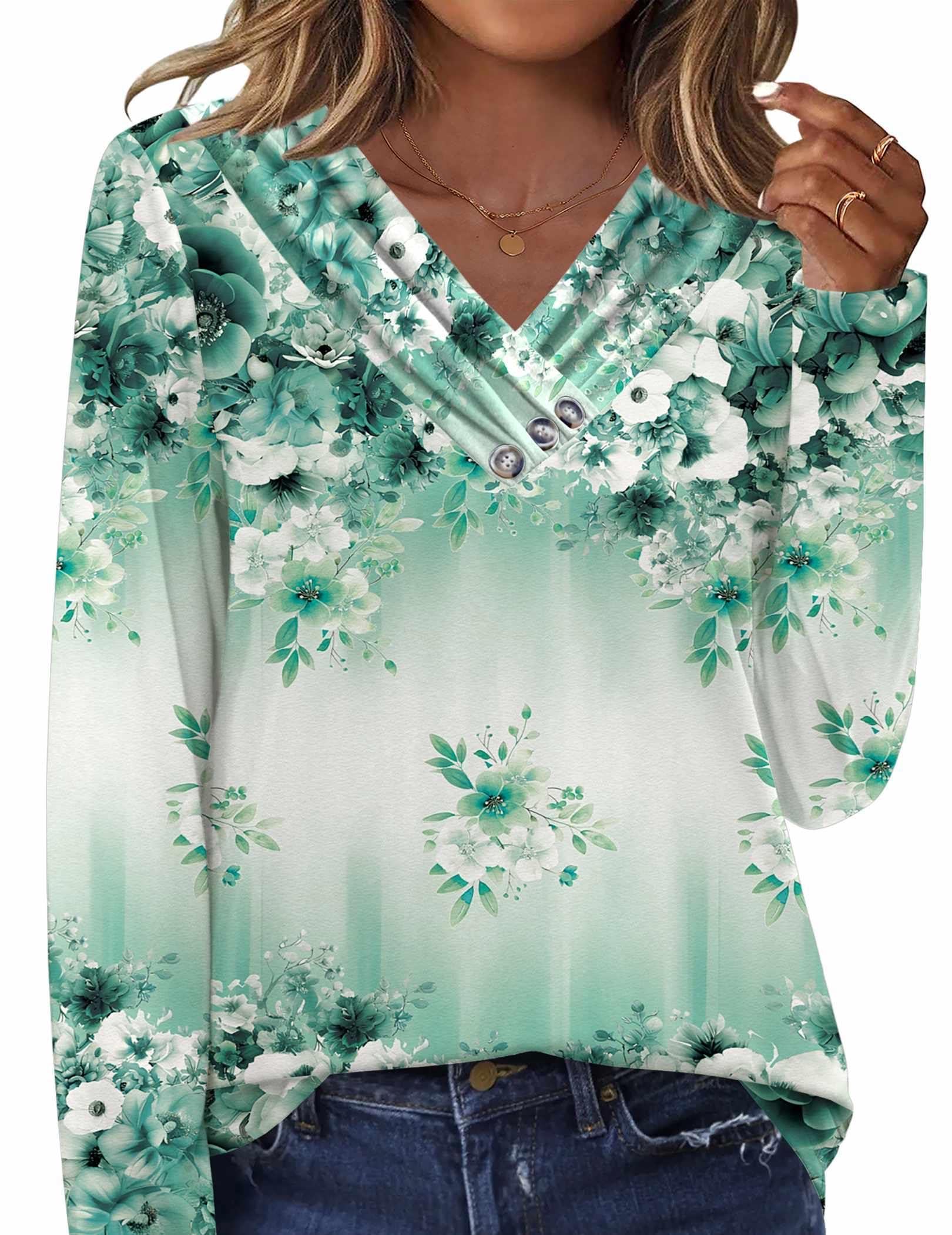 HOTOUCH Womens Fall Tunics Long Sleeve Tops Cross V Neck Shirts Loose Casual Blouses with Decor Button