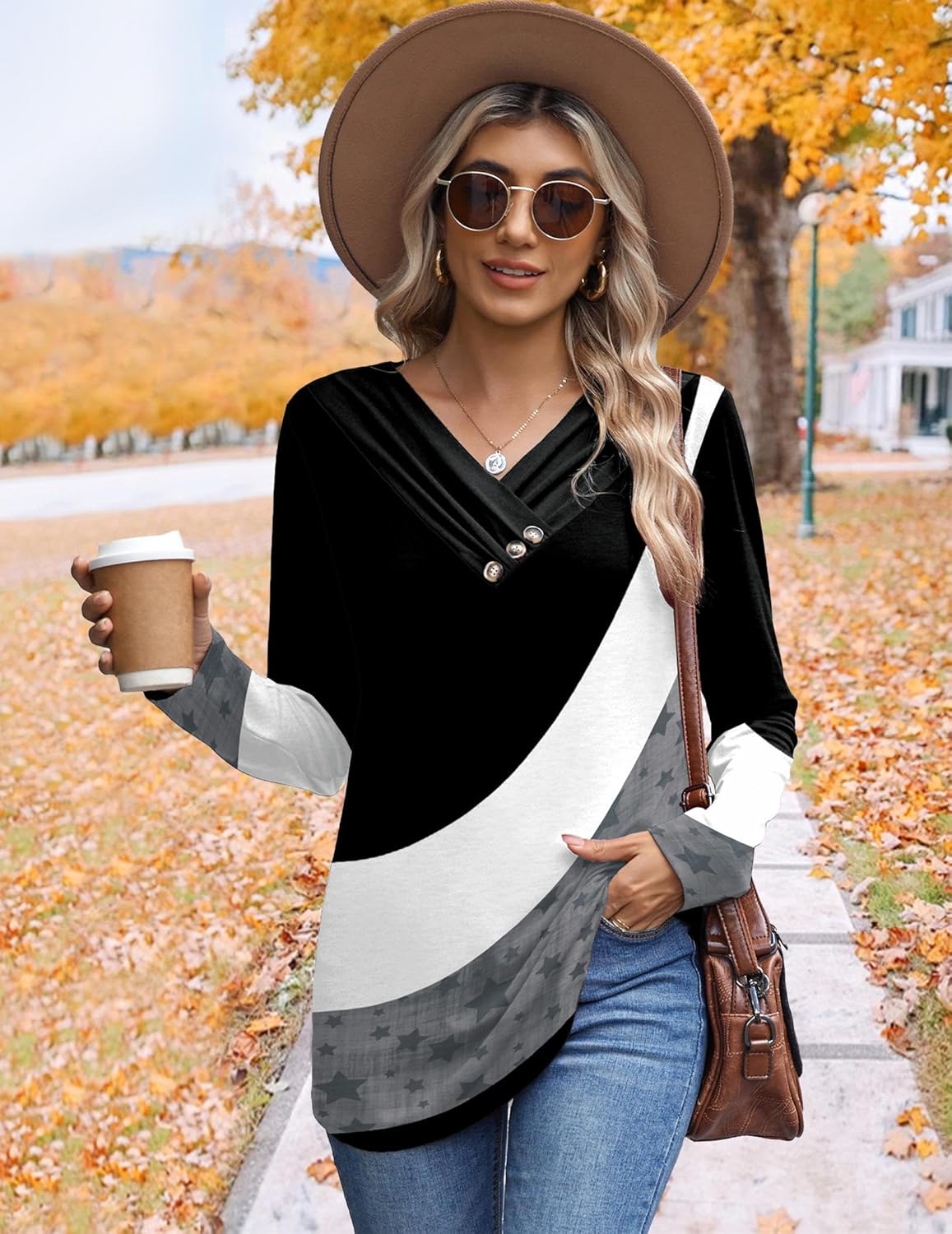 HOTOUCH Womens Fall Tunics Long Sleeve Tops Cross V Neck Shirts Loose Casual Blouses with Decor Button