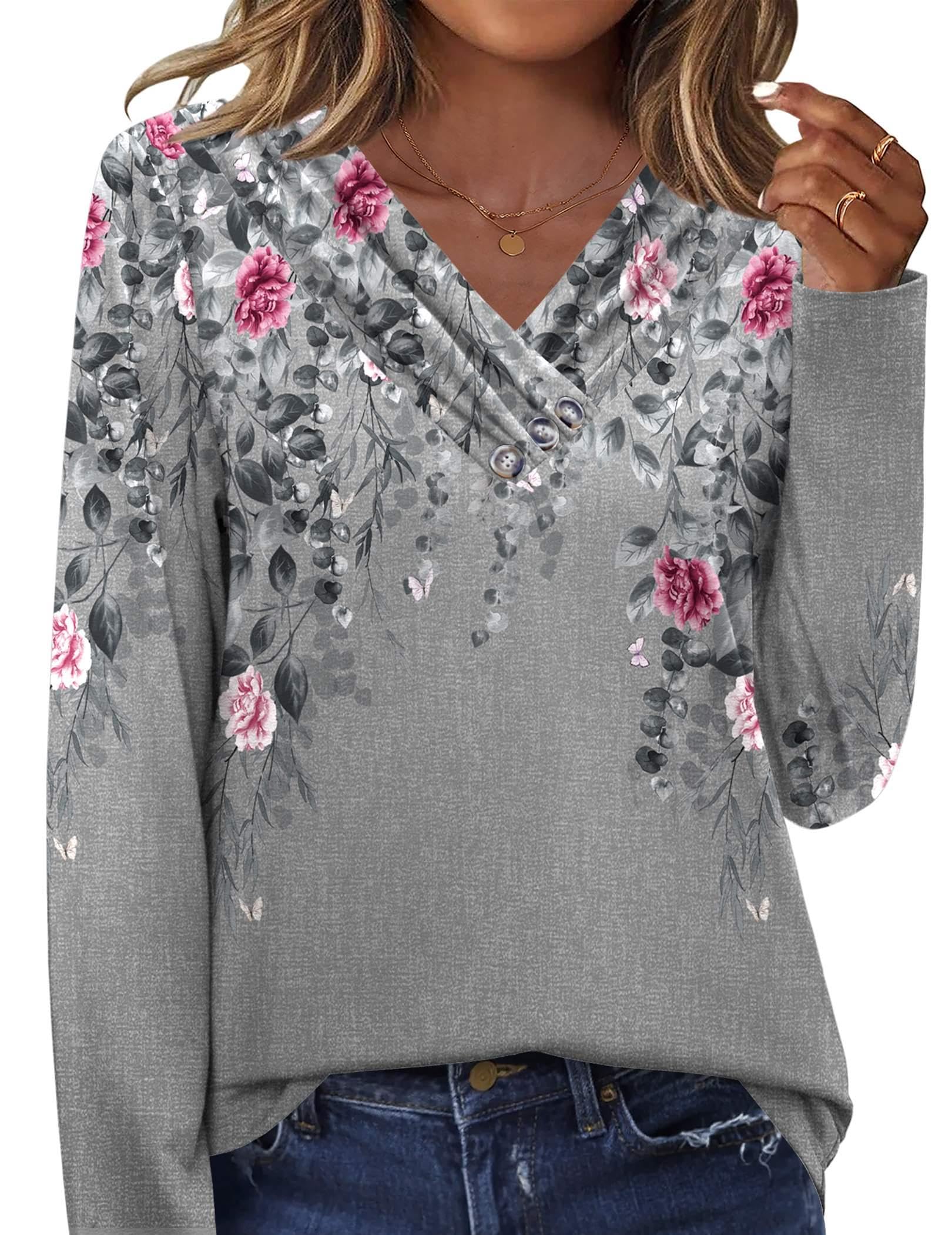 HOTOUCH Womens Fall Tunics Long Sleeve Tops Cross V Neck Shirts Loose Casual Blouses with Decor Button