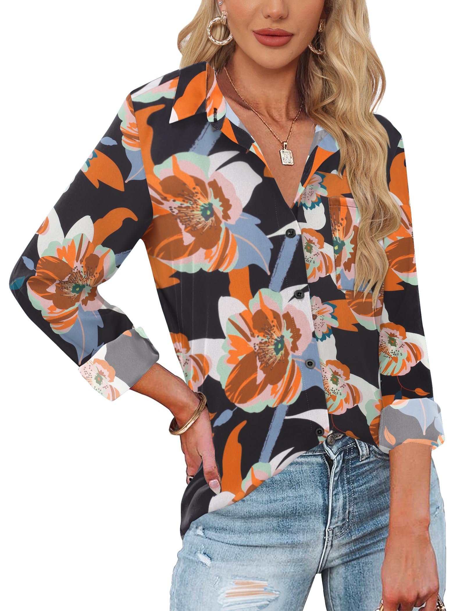 HOTOUCH Womens Button Down Shirts Long Sleeve Dress Shirts Casual V Neck Collared Tops Work Office Blouse with Pocket