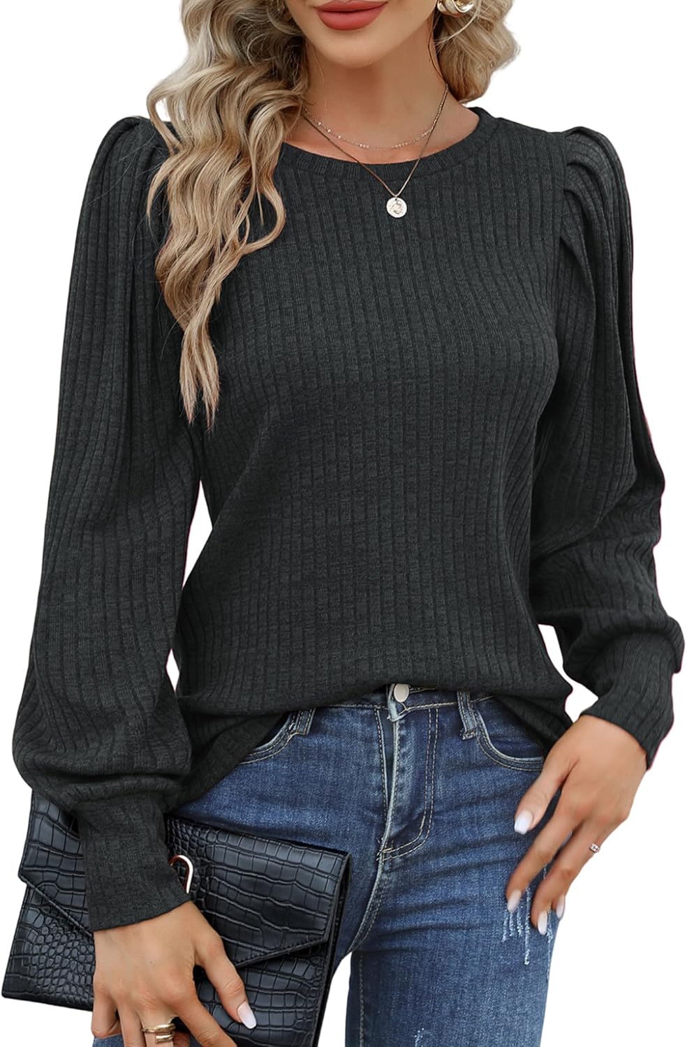 HOTOUCH Women's Knit Blouse Soft Puff Long Sleeve Shirt Tops Lightweight Round Neck Pullover Sweater S-XXL