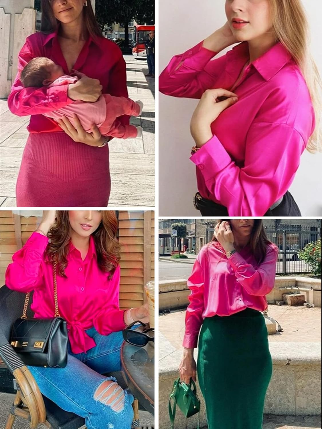 HOTOUCH Women Satin Silk Button Down Shirt Ladies Long Sleeve Tops V Neck Loose Blouse Dressy Business Casual Work Tunic Fall